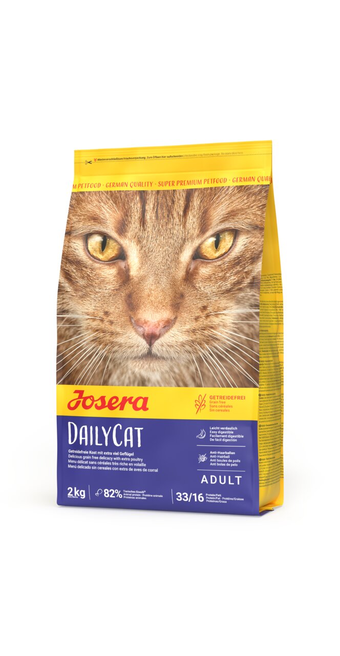 Josera DailyCat Trockenfutter für adulte Katzen, Geflügel, getreidefrei, leicht verdaulich, Anti-Hairball, 2 kg.