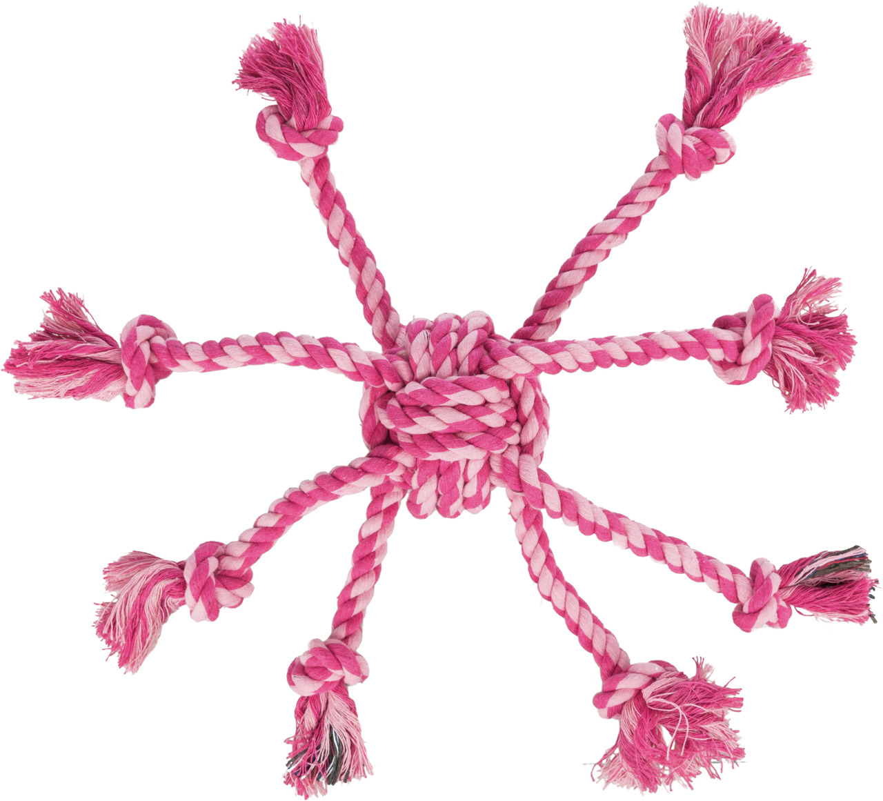 Das Bild zeigt das TRIXIE Spieltau für Hunde, ein robustes Kauspielzeug aus Baumwollgemisch in pink-weißer Farbgebung. Es ist speziell für Hunde aller Größen geeignet und fördert die Zahnpflege durch spielerisches Kauen. Das Tau hat mehrere Knoten und End