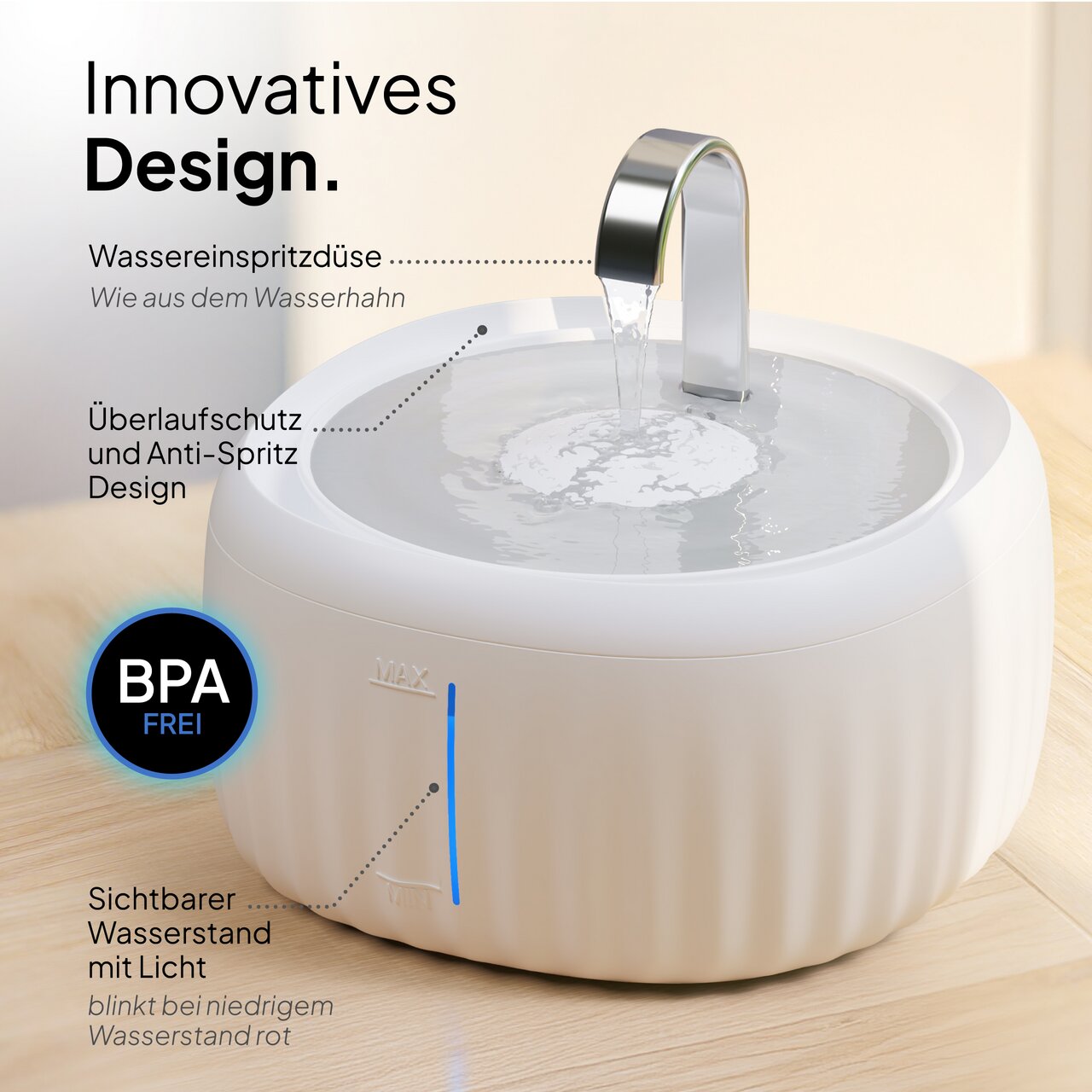 PRETTY PAW Trinkbrunnen, Katzen & kl. Hunde, mit LED-Wasserstandsanzeige, BPA-frei, hygienisch, 125 ml, fließendes Wasser.