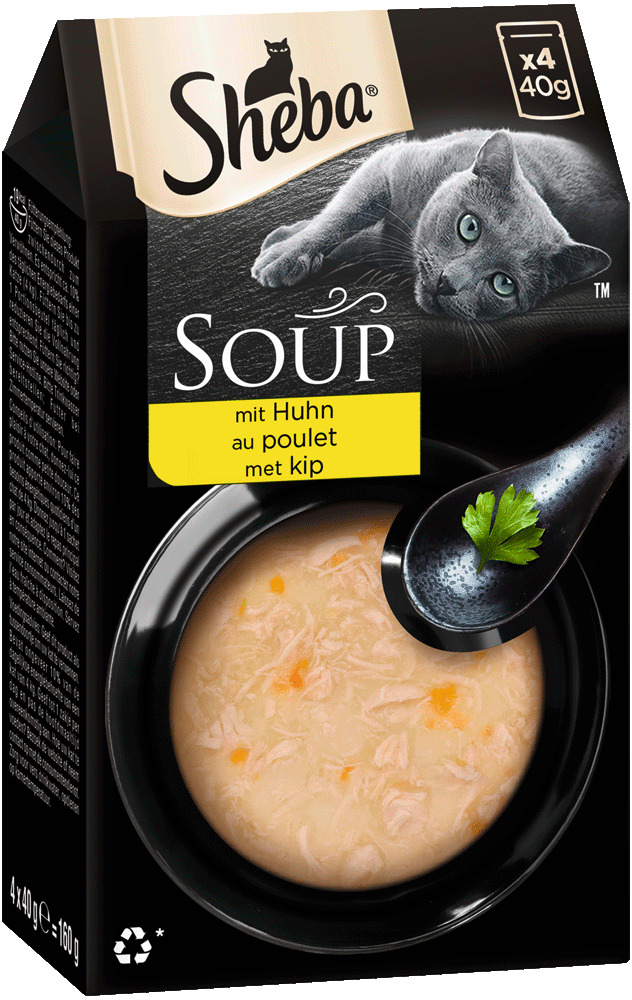Sheba Soup, Premium-Katzenfutter, Huhn, für ausgewachsene Katzen, 4x40g (160g), mit entspannendem Kater-Motiv.
