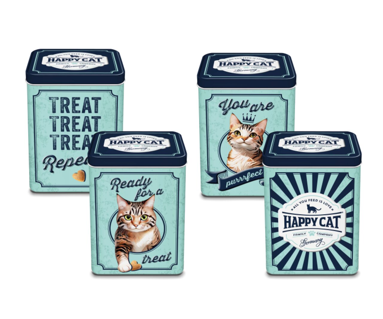 Happy Cat Metallboxen (4 Stk.) für Katzenbesitzer, Designs mit Katzenmotiven & Sprüchen, ideal für Leckerlis. EAN: 4001967183825.