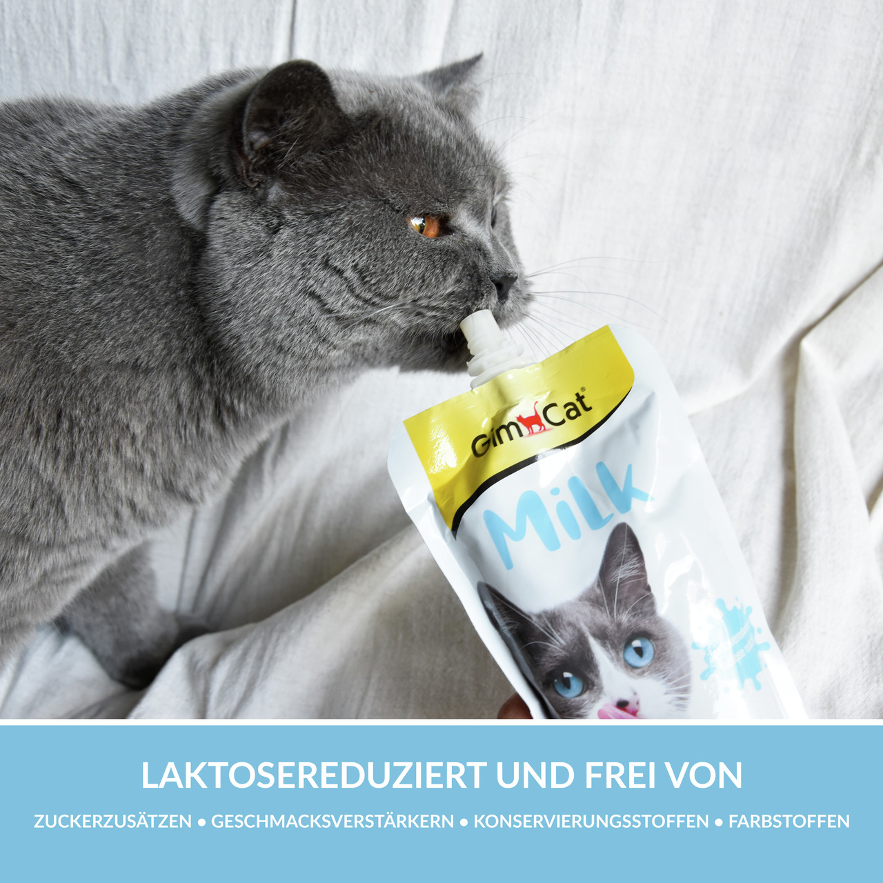 GimCat Milk: Spez. f. Katzen, laktosered., ohne Zuckerzusätze, Geschmacksverstärker, Konservierungs- & Farbstoffe.