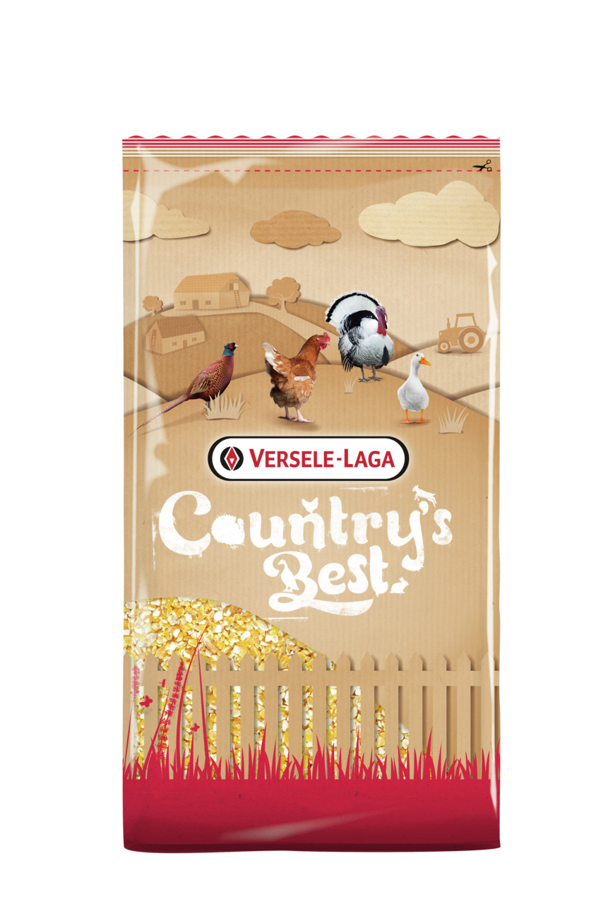 Das Bild zeigt eine Verpackung des Produkts „Country's Best“ der Marke Versele-Laga. Es handelt sich um Tierfutter für Geflügel wie Hühner, Enten, Truthähne und Fasane. Die Verpackung ist beige mit ländlichen Motiven und zeigt die Zielgruppe. Der Inhalt b