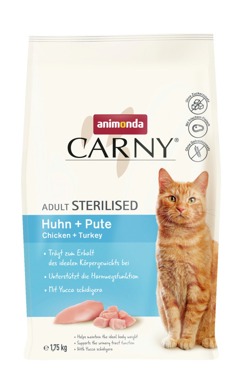 Animonda Carny Adult Sterilised, Huhn & Pute, für sterilisierte Katzen, 1,75 kg, ohne Zucker-Getreide, mit Yucca, ideal f. Gewicht-Harnwege.