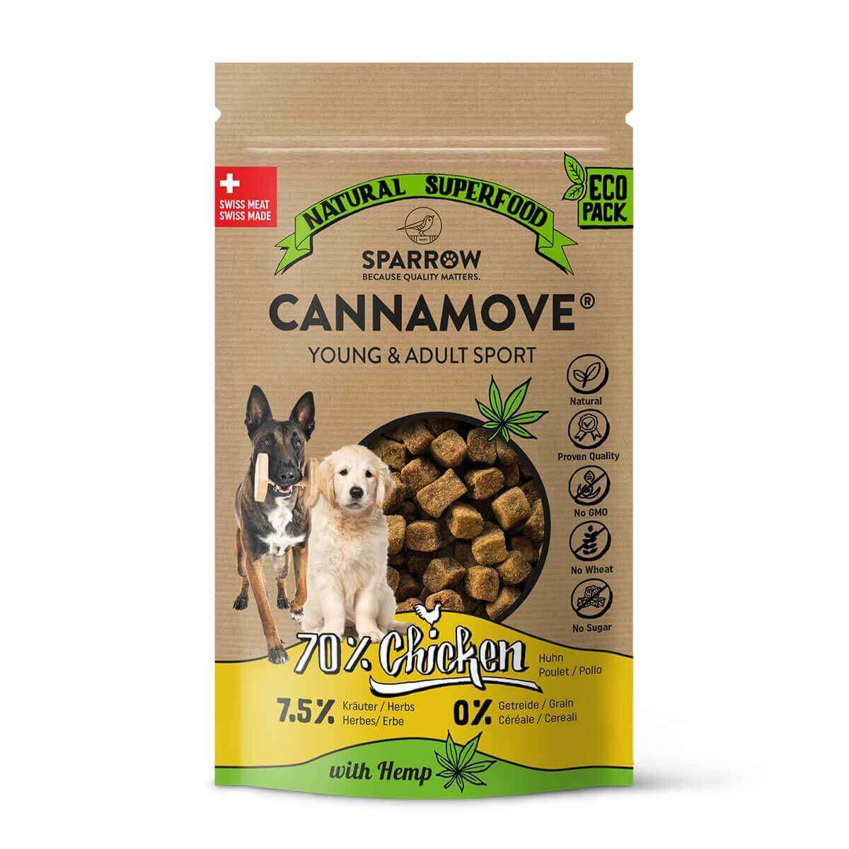 SPARROW CANNAMOVE Young & Adult Sport, 70 % Huhn, für aktive Hunde, 7,5 % Kräuter, getreidefrei, umweltfreundl. Verpackung.