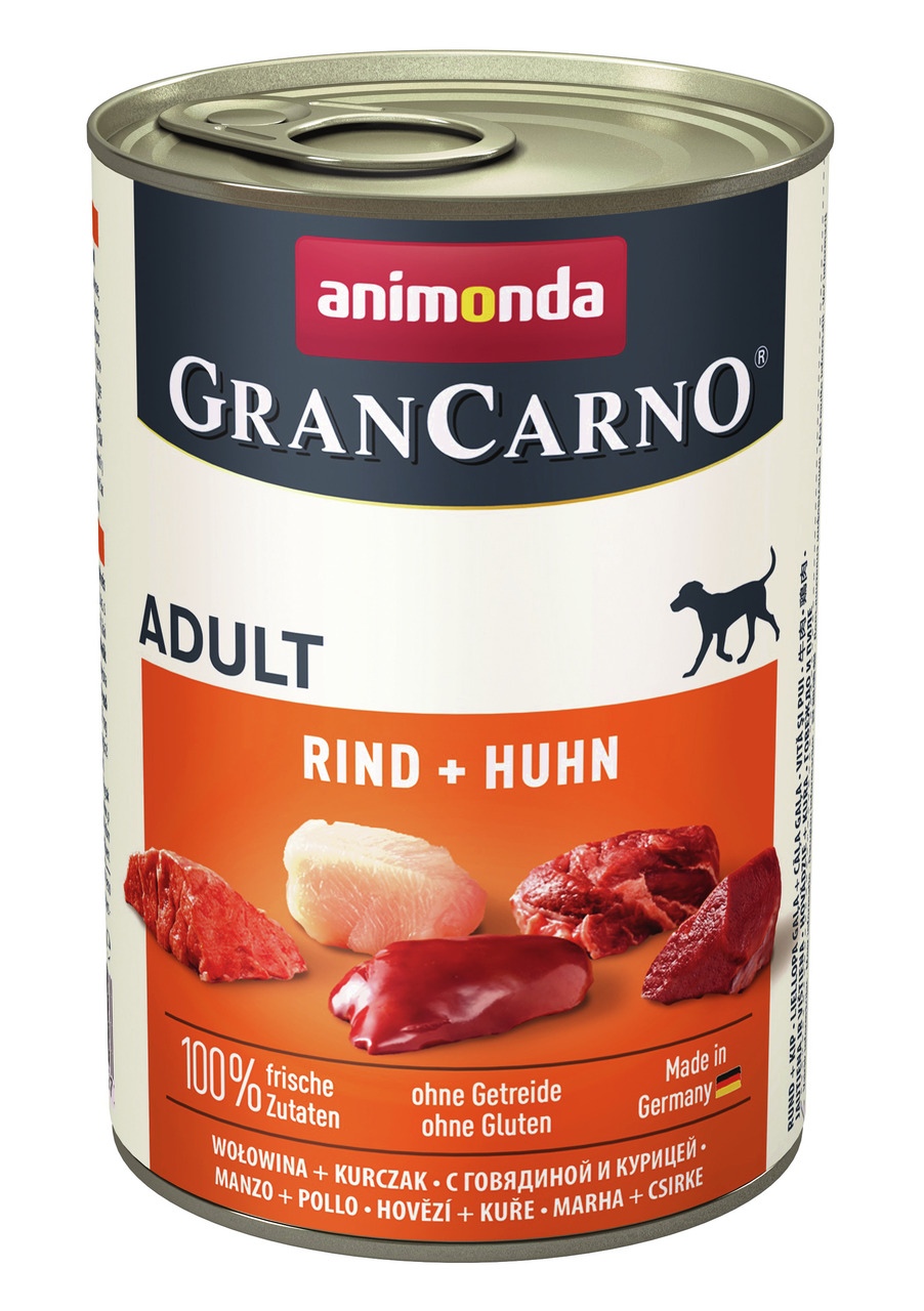 Animonda GranCarno Hundefutter Adult, Rind+Huhn, 100% frische Zutaten, getreide- & glutenfrei, aus Deutschland, 400g.