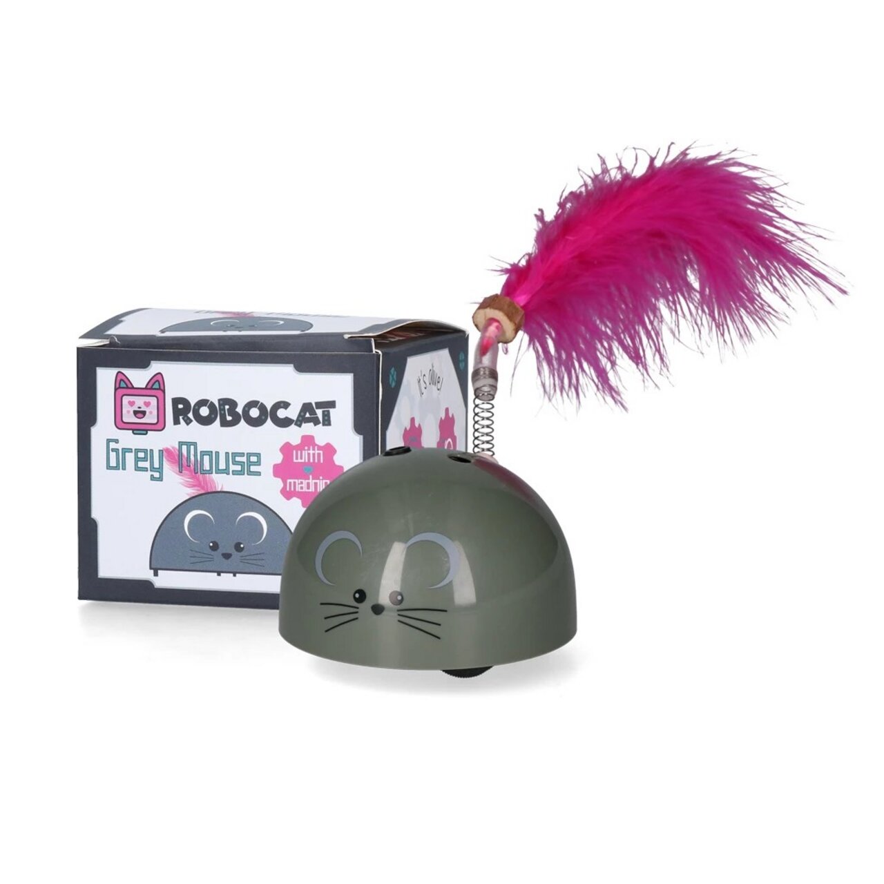 ROBOCAT Grey Mouse Spielzeugmaus für Katzen, grau, mit Feder & Katzenminze, ideal für Spiel-Bewegung.