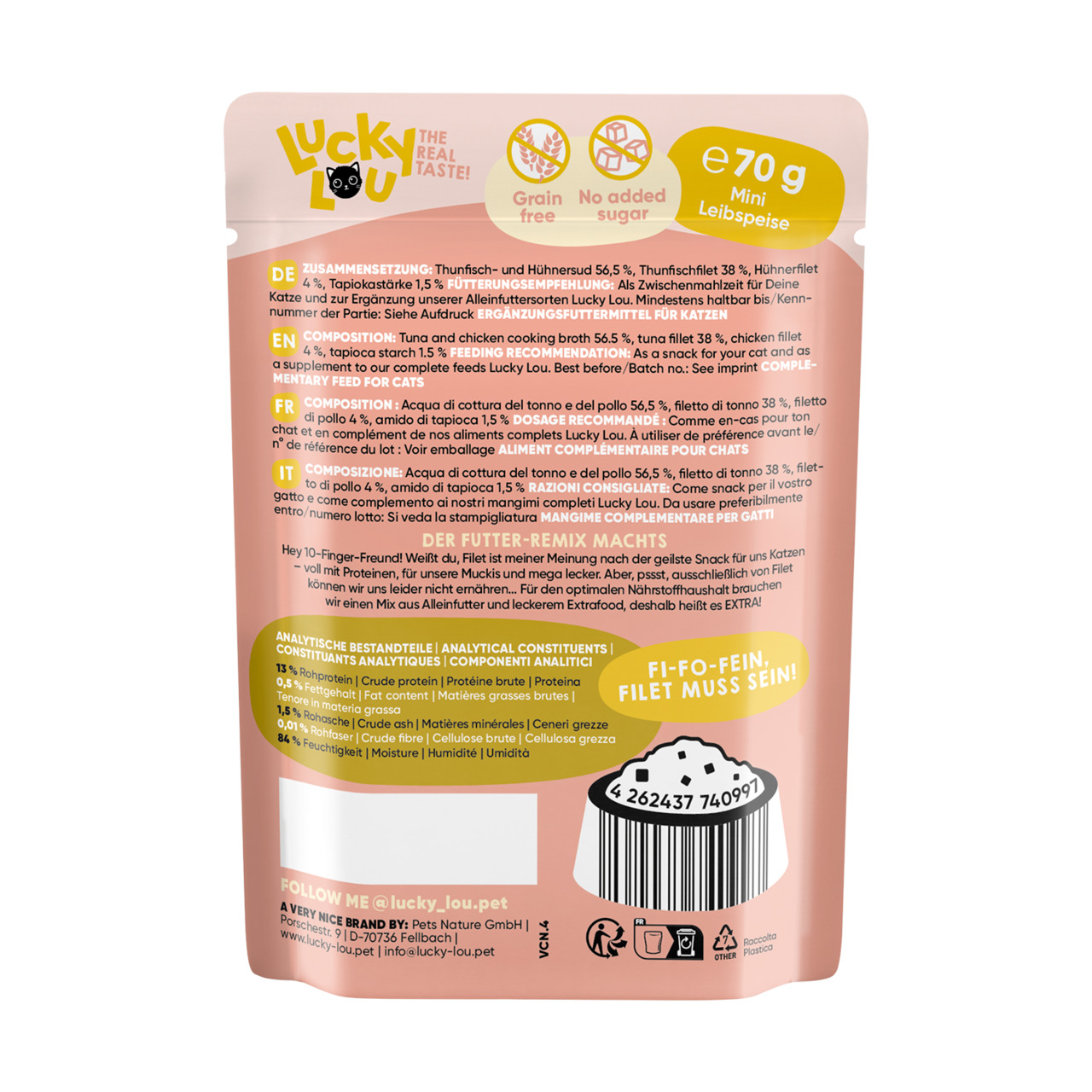 Lucky Lou – Mini Leibspeise, Katzen, Thunfisch & Huhn, getreidefrei, ohne Zuckerzusatz, 70 g, „Fi-fo-fein, Filet muss sein!“