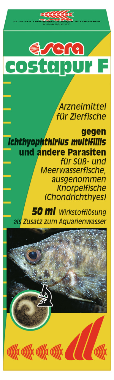 sera costapur F, Arzneimittel für Zierfische, gegen Parasiten (z. B. Ichthyophthirius), 50 ml, für Süß--Meerwasser, nicht für Knorpelfische.
