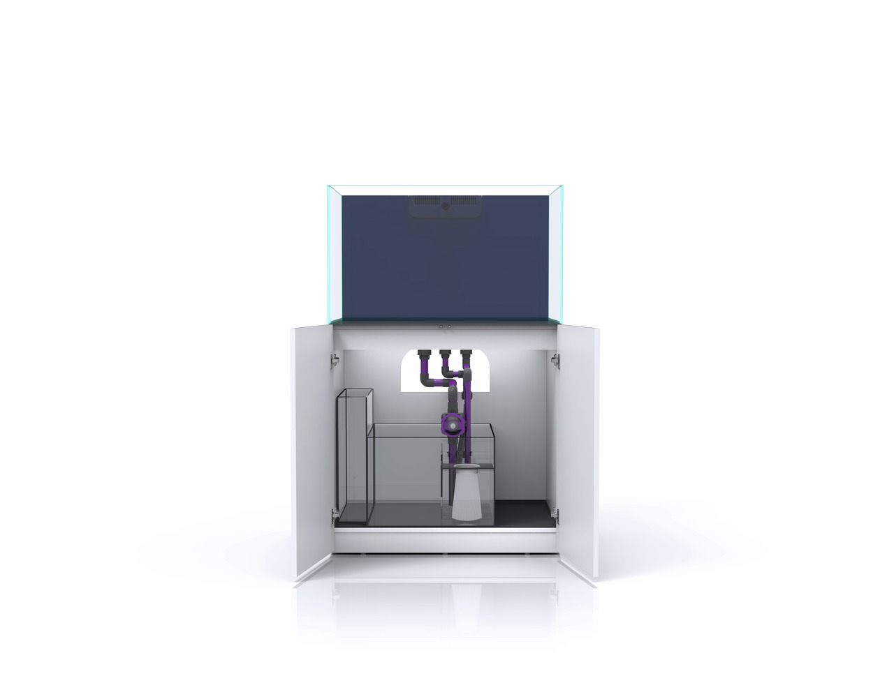 Nyos Opus 300 Aquarium-System: Komplettaquarium für Meerwasser, inkl. Filtersystem, lila Rohre, Abschäumer, Unterschrank, Weiß.