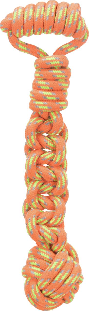 Das Bild zeigt das TRIXIE Spielzeug "Knoten-Tau" für Hunde. Es besteht aus robustem, orangefarbenem Seil mit gelben und grünen Akzenten, ideal für Zerr- und Apportierspiele. Zielgruppe sind Hunde aller Größen. Das langlebige Material fördert Zahnpflege un