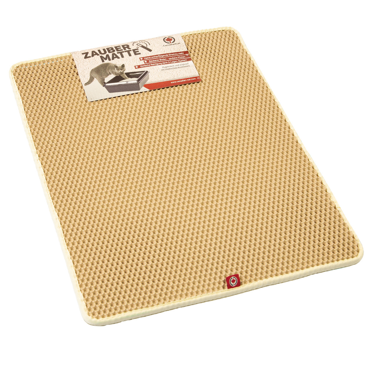 Beige Zaubermatte von CanadianCat, speziell für Katzen entwickelt. Die Matte dient als Unterlage für Katzentoiletten, um Streu aufzufangen und den Boden sauber zu halten. Hergestellt aus strapazierfähigem Material mit wabenförmiger Struktur. Größe und Det