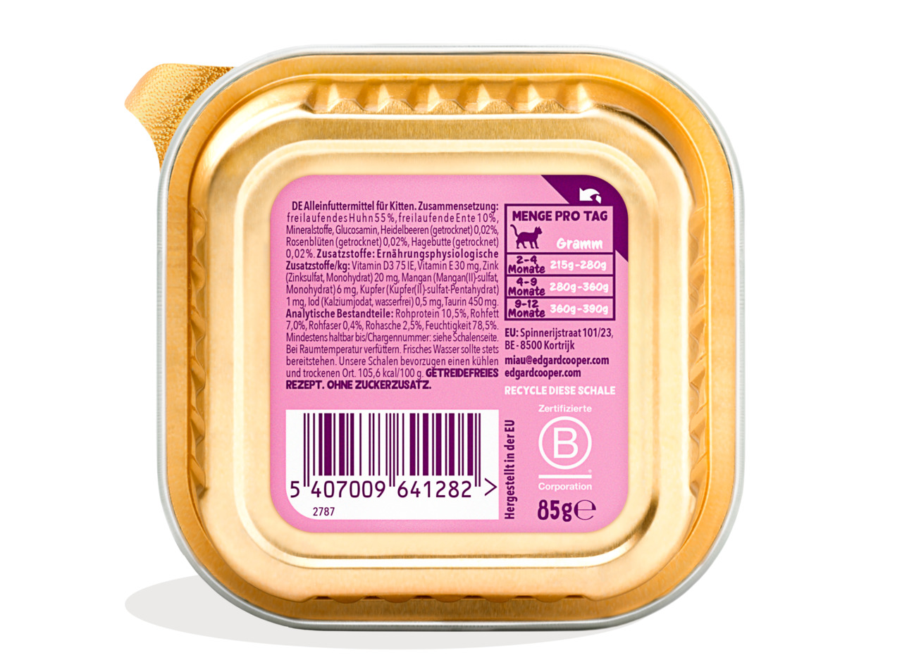 Edgard & Cooper Katzenfutter für Kätzchen, Huhn (55 %), Ente (10 %), Heidelbeeren, 85 g, recycelbar, ohne Zuckerzusatz.