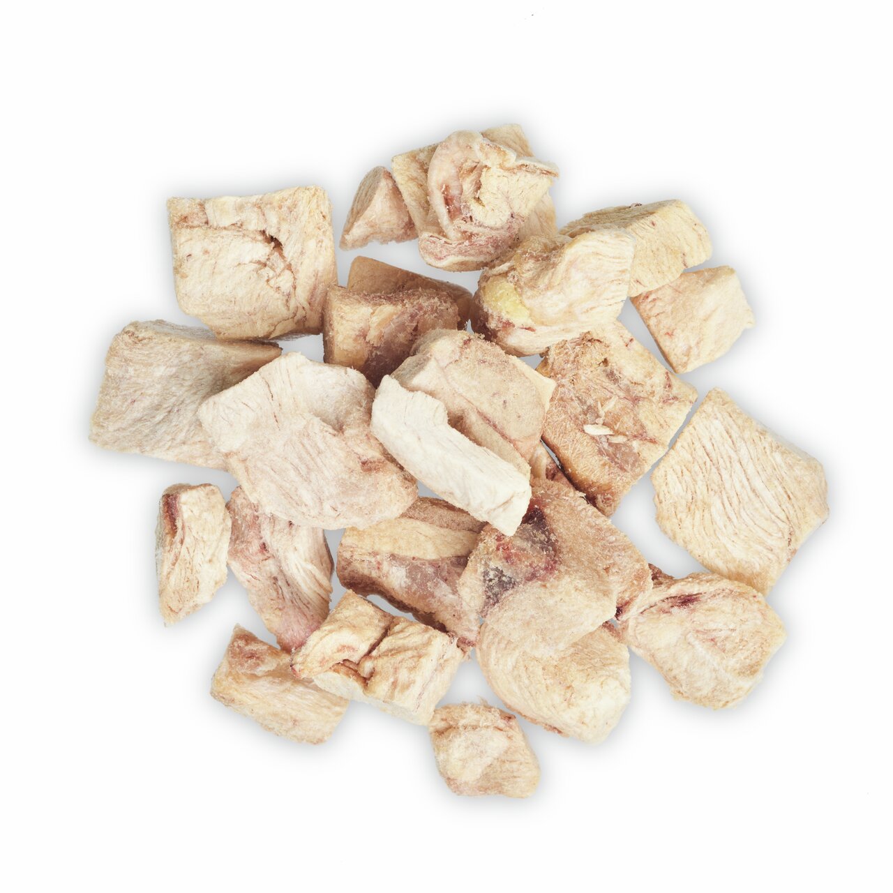 Das Bild zeigt gefriergetrocknete Hähnchenstücke der Marke MINCAS HÄPPCHEN, geeignet als Snack für Katzen. Die Zielgruppe sind Katzenhalter, die Wert auf natürliche Leckerlis legen. Die Geschmacksrichtung ist Huhn. Die Stücke sind in unregelmäßigen Formen