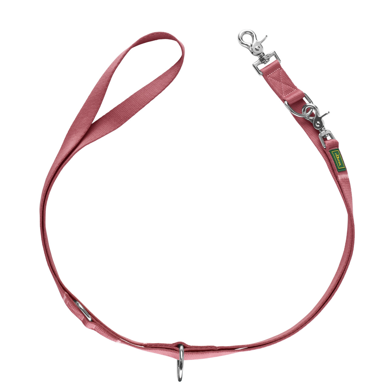 Das Bild zeigt die verstellbare Führleine "HUNTER Tripoli" in der Farbe Rosa, geeignet für Hunde. Die Leine besteht aus robustem Nylon, ist mit stabilen Karabinern ausgestattet und bietet mehrere Einstellungsmöglichkeiten. Sie ist ideal für Spaziergänge u