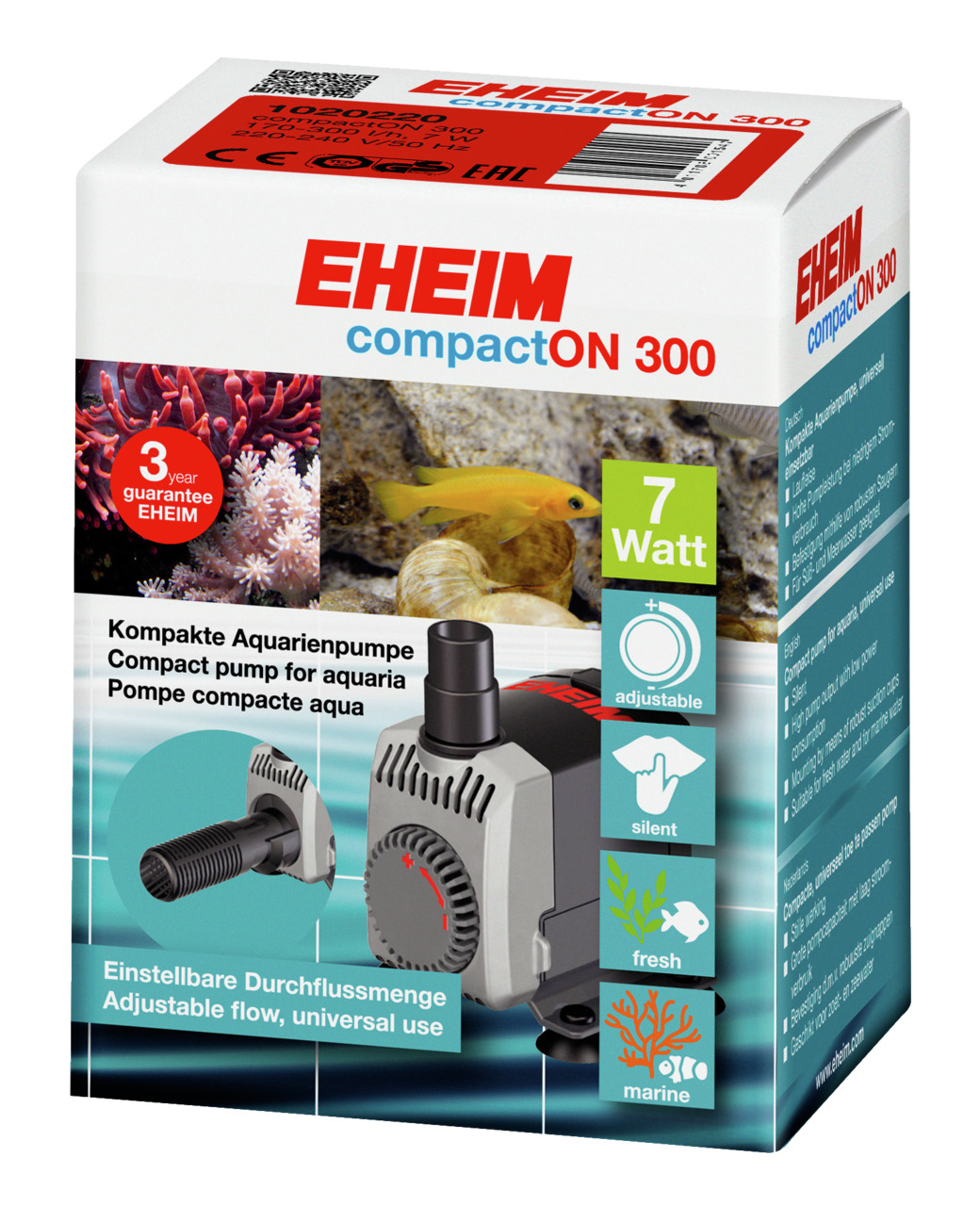 EHEIM compactON 300: kompakte Aquarienpumpe (7W) für Süß-/Meerwasser, leise, einstellbar. Zielgruppe: Aquarienbesitzer.
