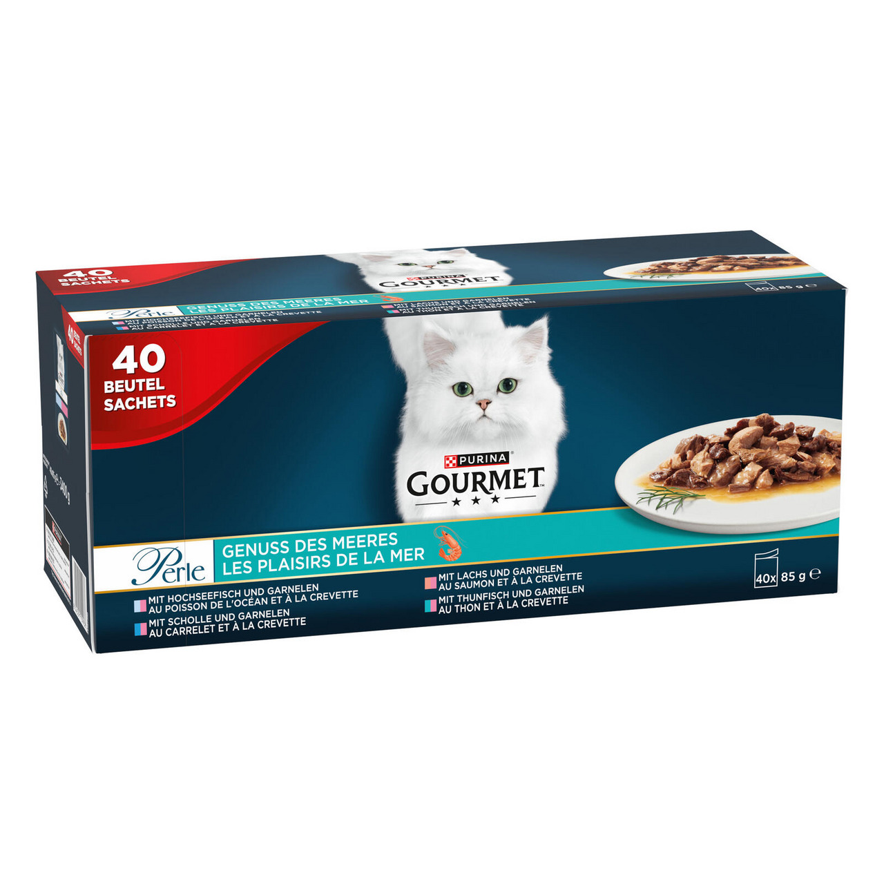 Purina GOURMET Perle Genuss des Meeres, Katzenfutter, Lachs-Thunfisch-Scholle-Garnelen, 40x85g, weiße Katze auf Verpackung.