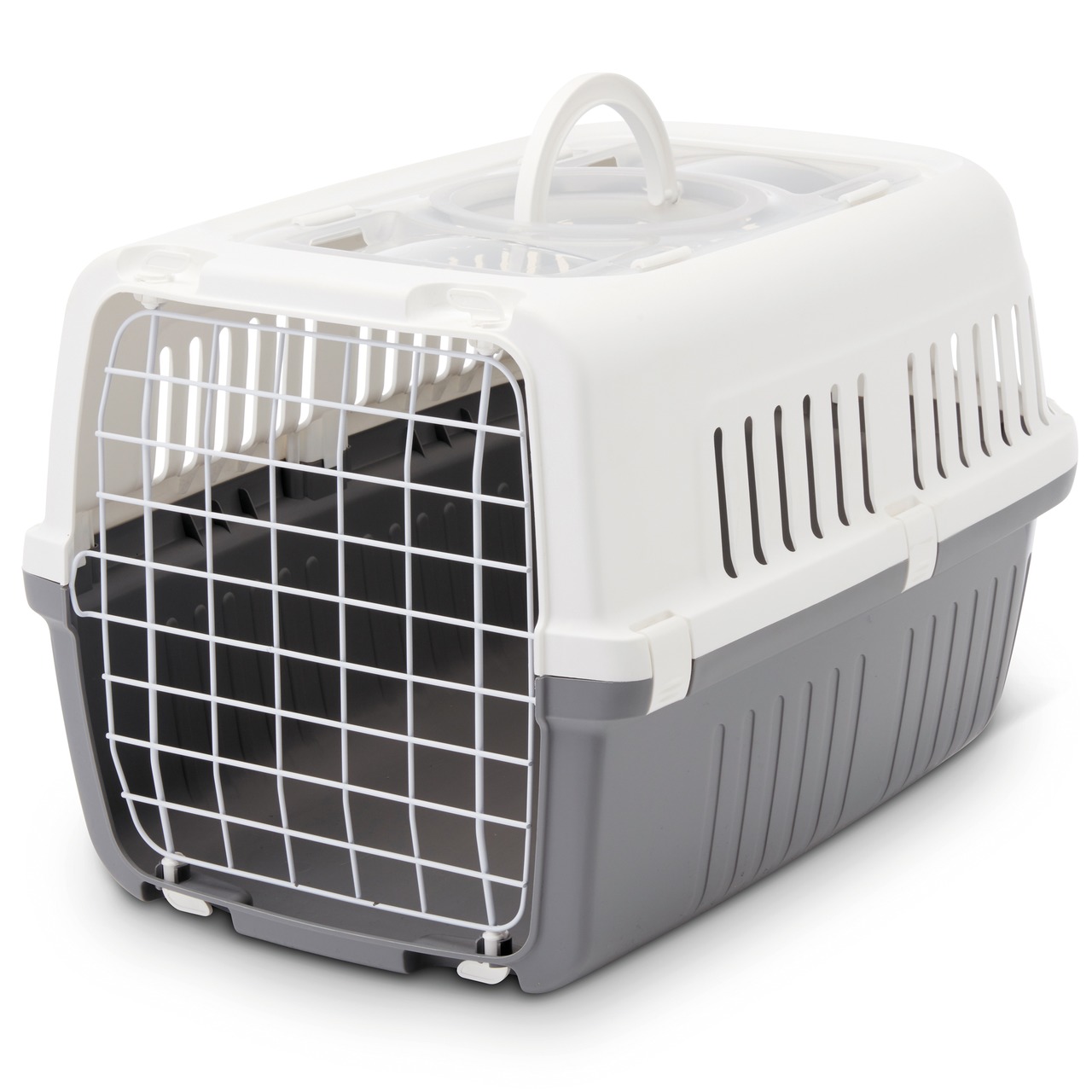 Transportbox für Haustiere der Marke SAVIC, Modell "Trotter 1". Geeignet für kleine Haustiere wie Katzen und kleine Hunde. Die Box besteht aus robustem Kunststoff in Grau und Weiß, mit einem Metallgitter an der Vorderseite und einem Tragegriff oben. Ideal