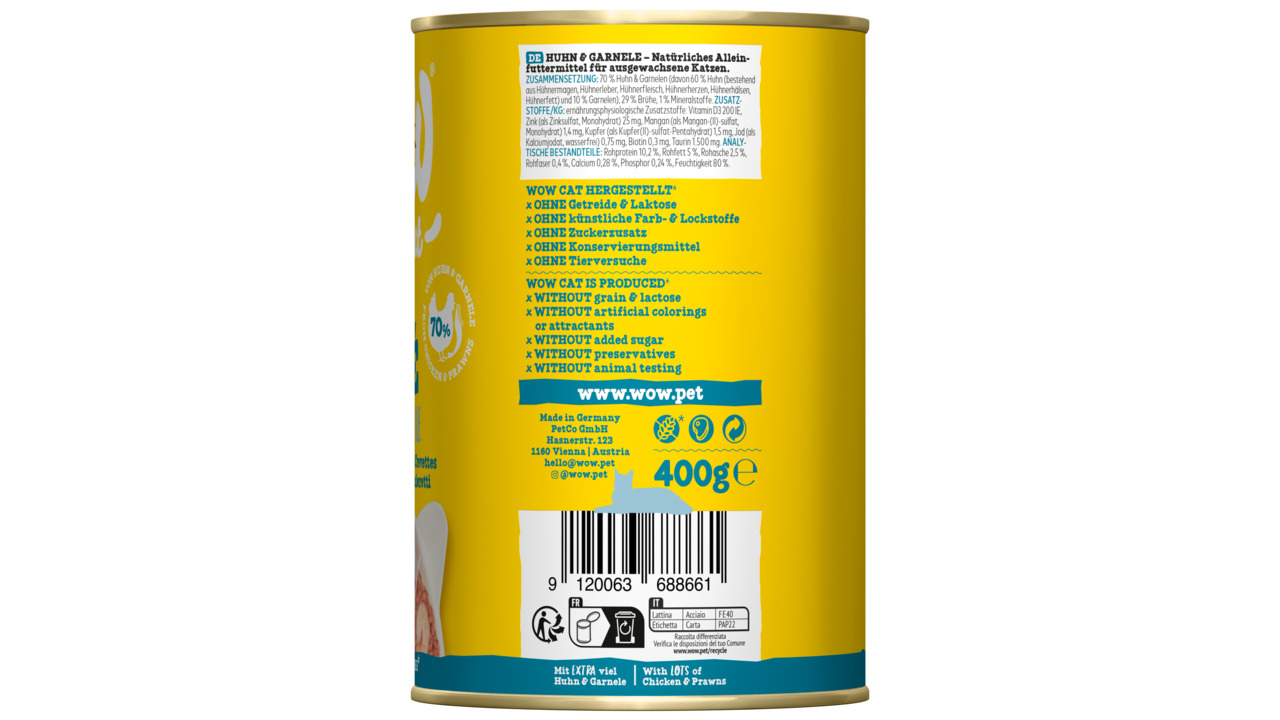 WOW CAT Huhn & Garnelen, 400 g, für ausgewachsene Katzen, getreidefrei, ohne künstl. Farb-/Lockstoffe, Konservierungsmittel & Tierversuche.