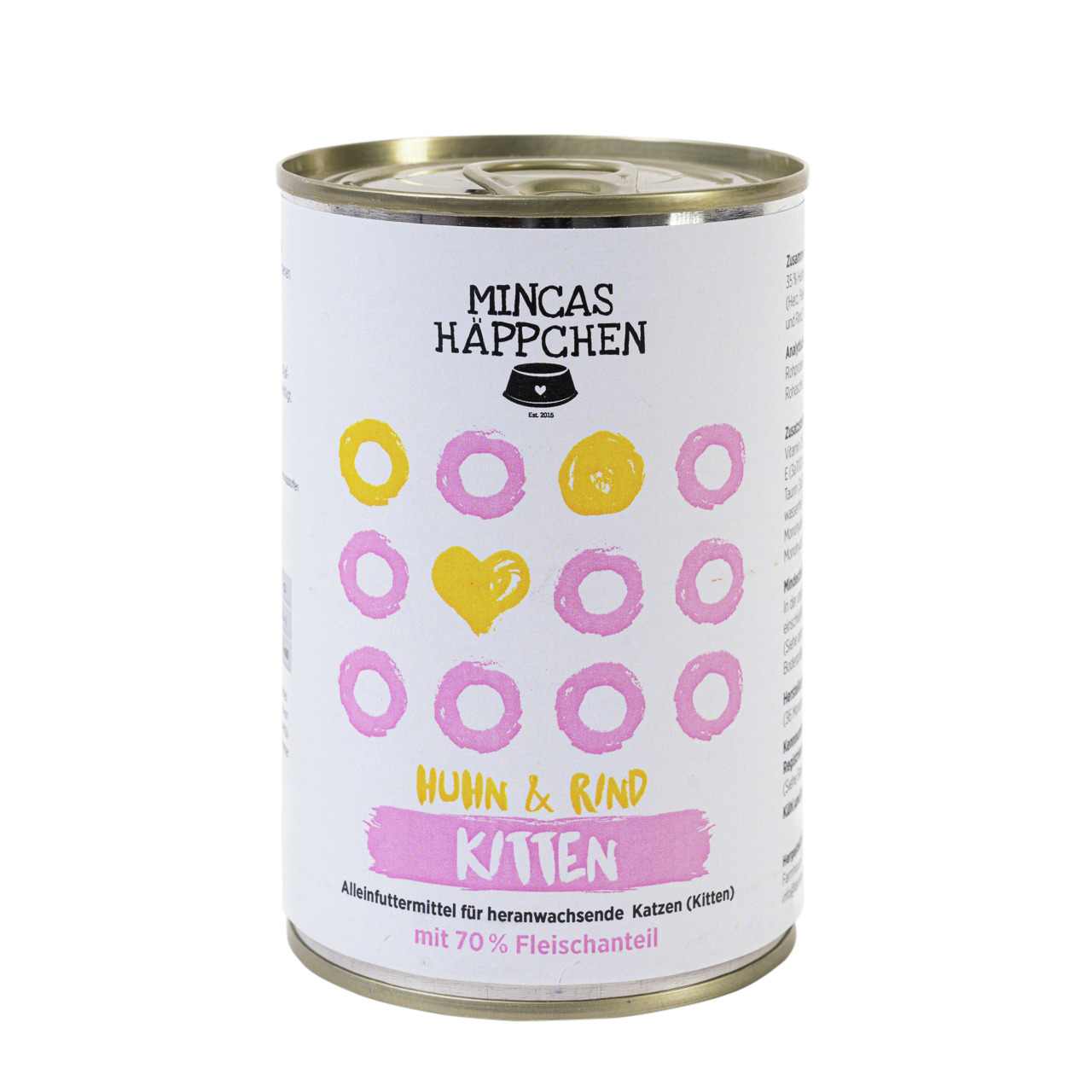 MINCAS HÄPPCHEN Kitten Huhn & Rind, Alleinfuttermittel, 70 % Fleisch, weiße Dose mit bunten Kreisen & Herzmotiv.