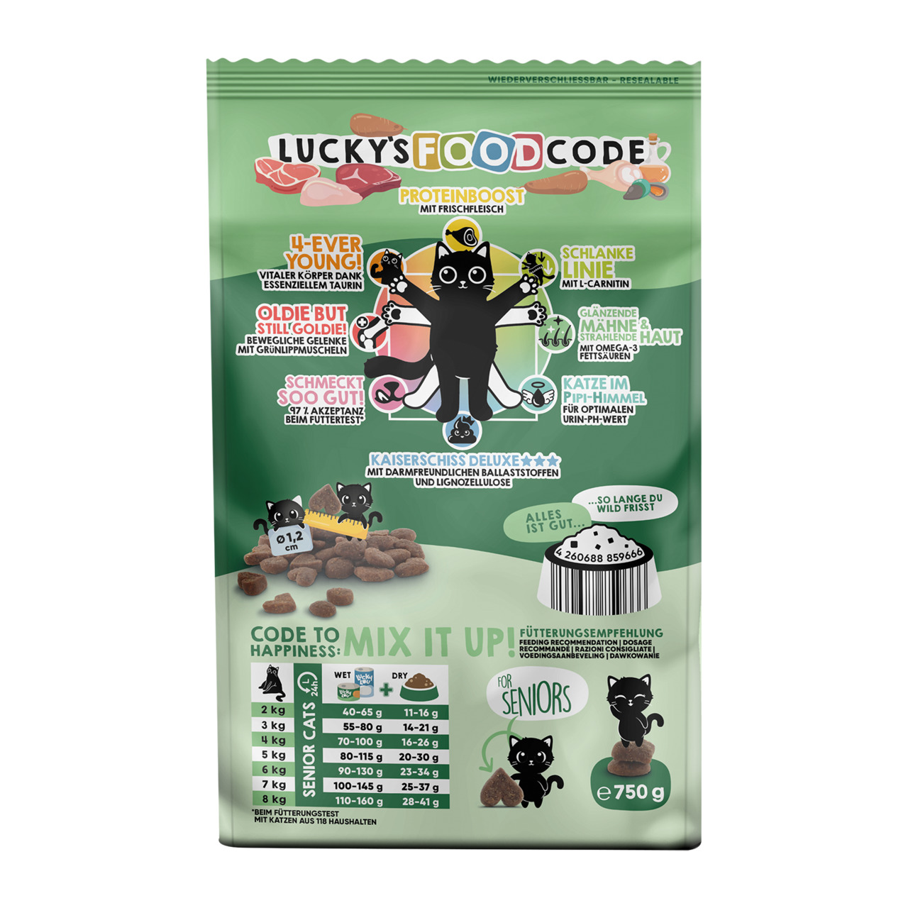 Lucky Lou Lucky's Foodcode Proteinboost, Senioren, Frischfleisch, 750 g, gesunde Gelenke, glänzendes Fell, optimale Verdauung.