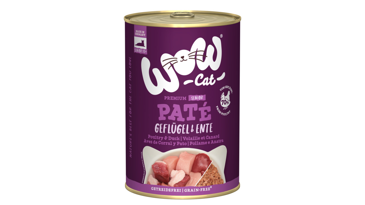 WOW CAT Premium Senior Pâté Geflügel & Ente, für ältere Katzen, 400 g, getreidefrei, 70 % Geflügel, Made in Germany.