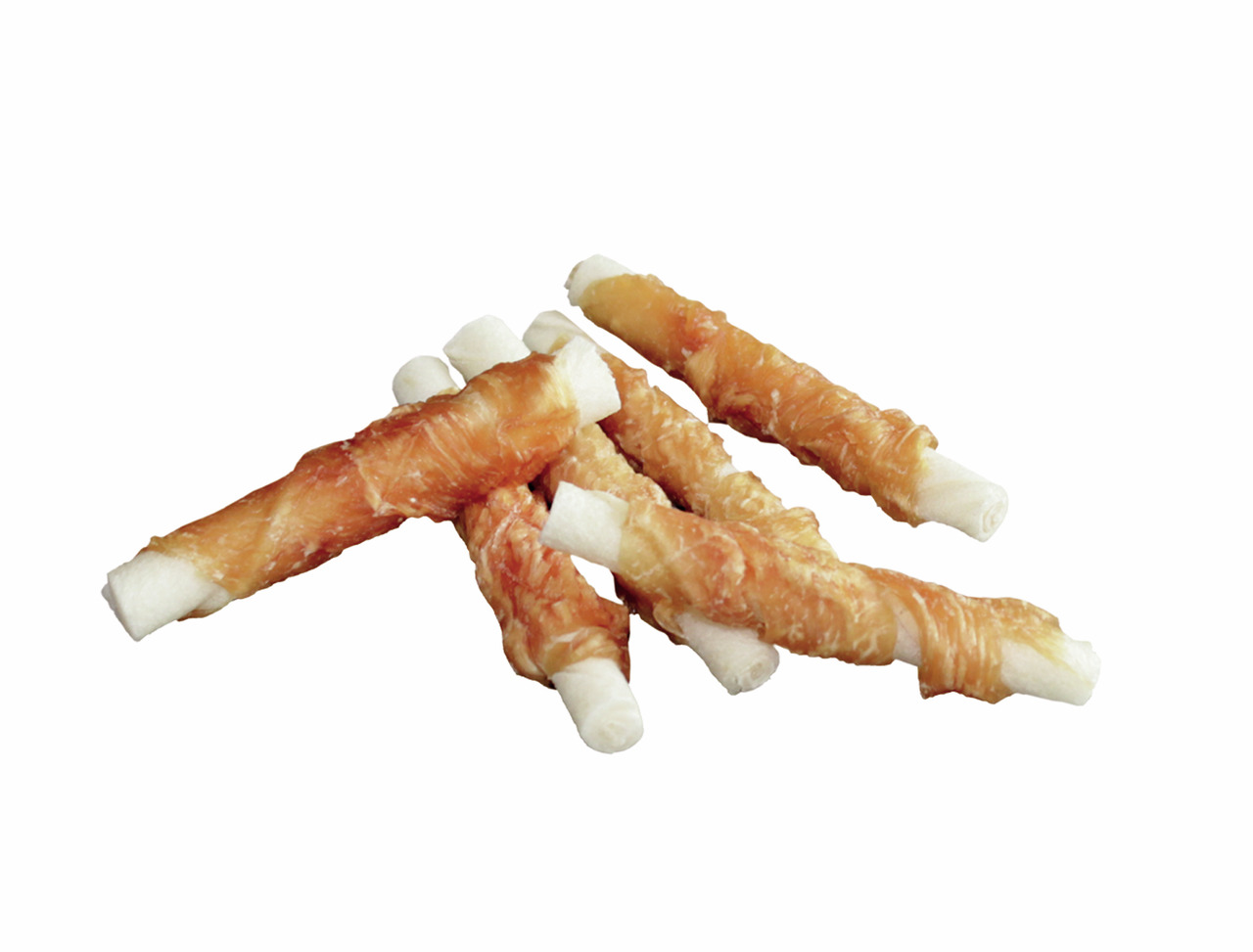 Das Bild zeigt die StarSnack Chicken Wrapped Rawhide Sticks, ein Kausnack für Hunde. Die Zielgruppe sind Hundehalter, die ihren Tieren eine schmackhafte und proteinreiche Belohnung bieten möchten. Die Sticks bestehen aus Rinderhaut, umwickelt mit Hähnchen