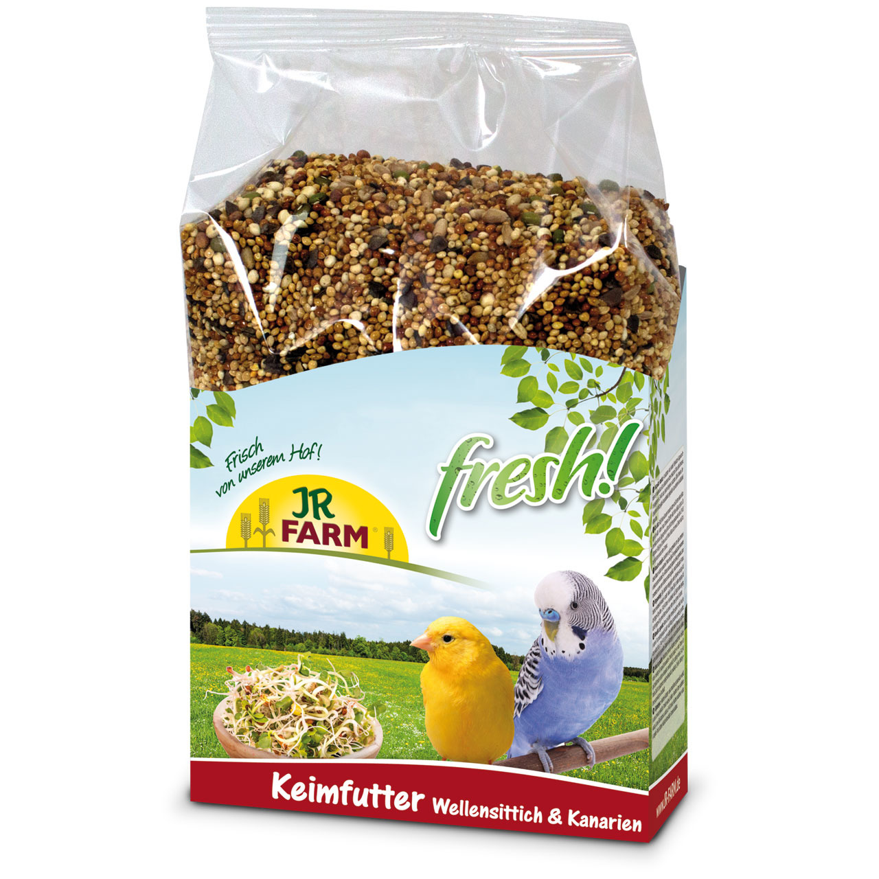JR FARM Keimfutter für Wellensittiche & Kanarien, Saatenmischung, „fresh!“, „Frisch von unserem Hof!“, transparente Tüte.