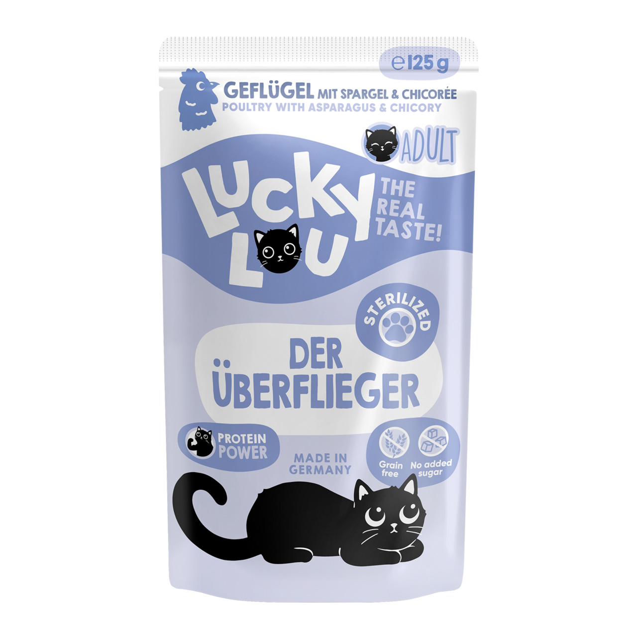 Lucky Lou – Der Überflieger, Katzenfutter für sterilisierte erw. Katzen, Geflügel+Spargel+Chicorée, 125 g, getreidefrei, ohne Zucker.