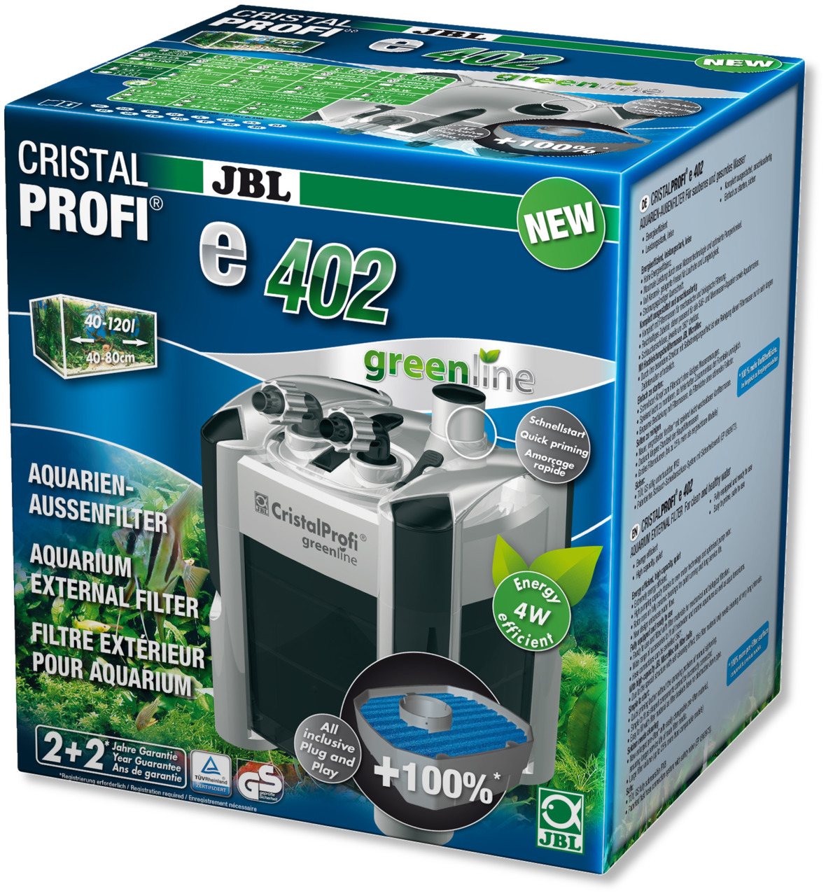 JBL CristalProfi e402 greenline, Außenfilter f. Aquarien (40-120 l), energieeffizient (4 W), Schnellstart, umweltfreundl., 2+2 J. Garantie.