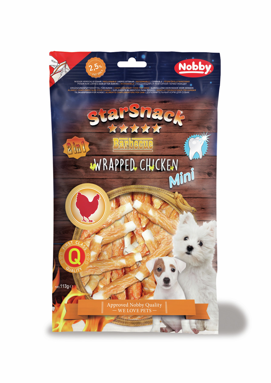 Nobby StarSnack Barbecue Wrapped Chicken Mini, Hundesnack f. kl. Hunde, Huhn, 113 g, nur 2,5 % Fett, hochwertig & schmackhaft.