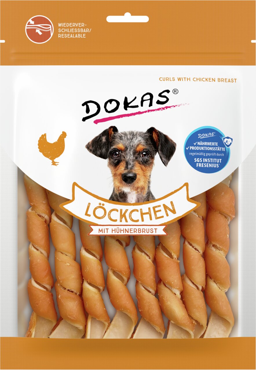 DOKAS Löckchen mit Hühnerbrust, Hundesnack, Huhn, 70 g, wiederverschließbar, geprüft durch SGS Institut Fresenius.