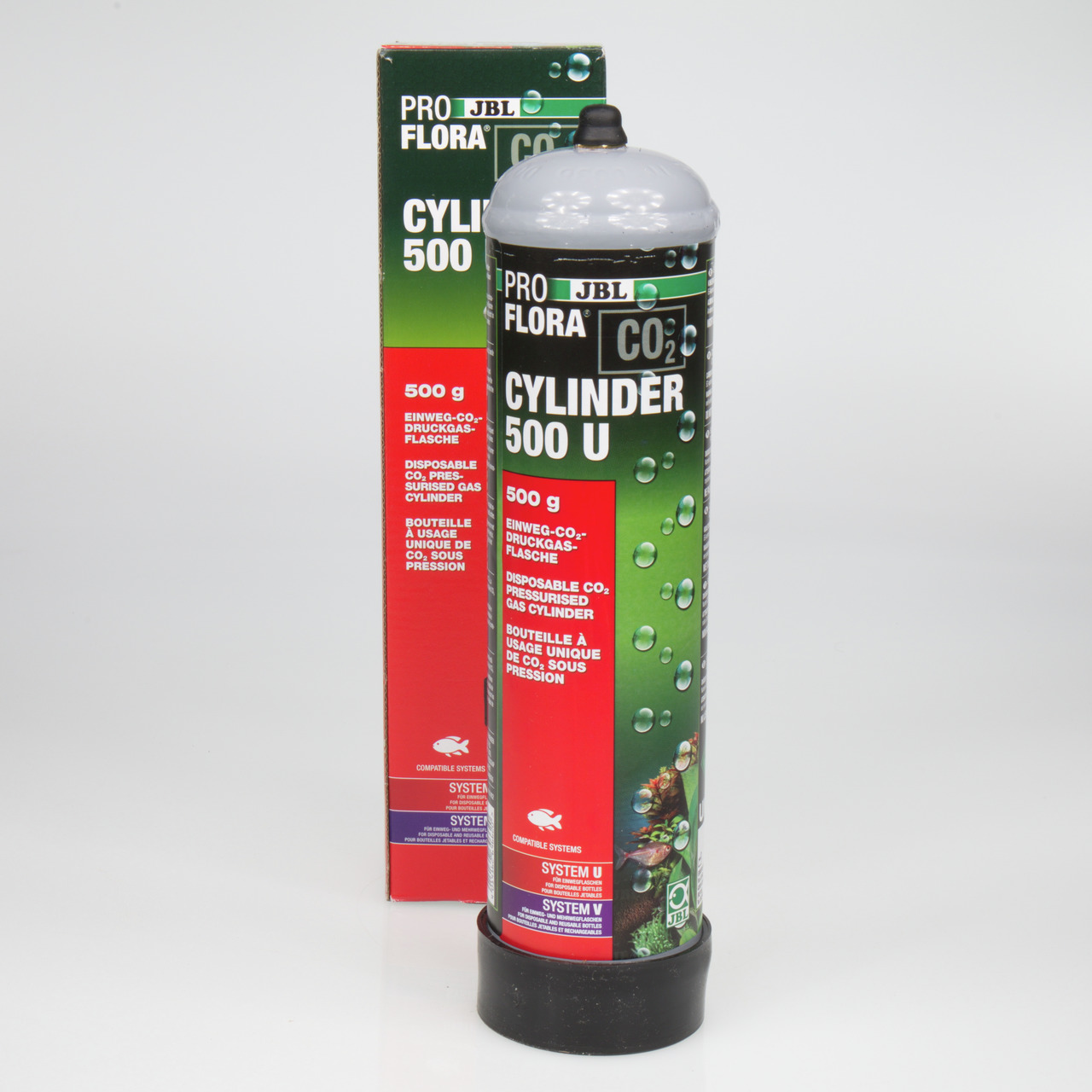 Das Bild zeigt eine JBL ProFlora CO2-Einweg-Druckgasflasche mit der Bezeichnung "Cylinder 500 U". Die Flasche enthält 500 g CO2 und ist für Aquarienpflanzen geeignet, um optimales Pflanzenwachstum zu fördern. Sie ist speziell für Aquarienbesitzer konzipie