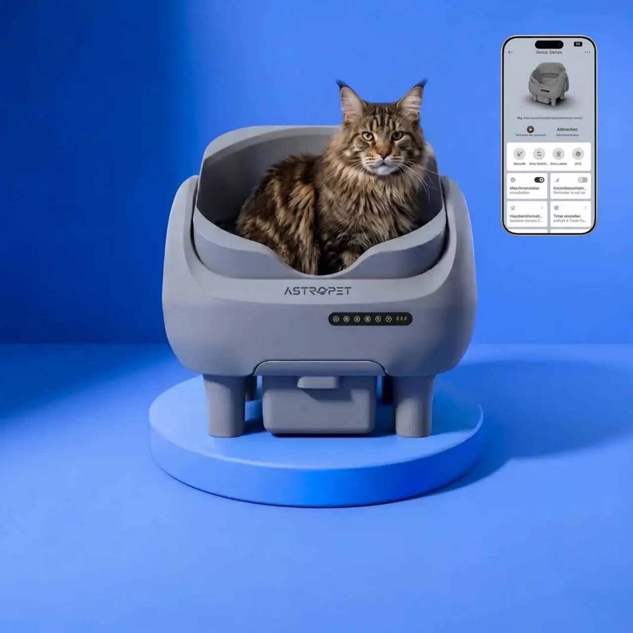 AstroPet Smart Katzentoilette für Katzen, mit App-Steuerung, selbstreinigend, graues Design, Premium Komfort.