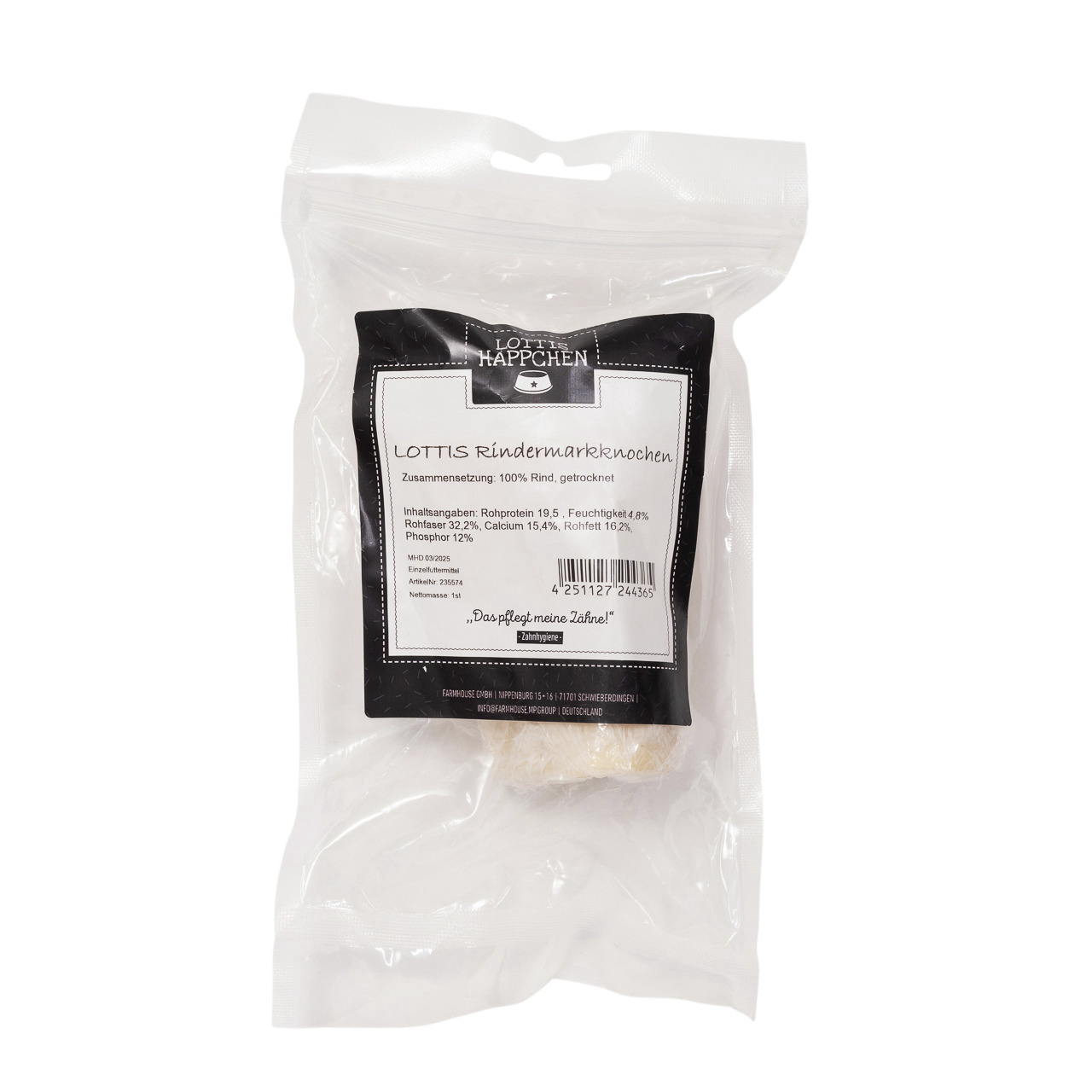 Das Bild zeigt eine transparente Verpackung mit dem Produkt „LOTTIS HÄPPCHEN Rindermarkknochen“. Es handelt sich um einen Kausnack für Hunde, bestehend aus 100 % getrocknetem Rind. Die Verpackung enthält Angaben zu Inhaltsstoffen wie Rohprotein (19,5 %), 