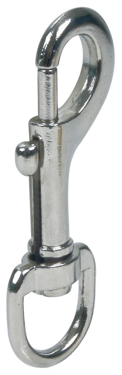 Das Bild zeigt einen silbernen Karabinerhaken der Marke TRIXIE, geeignet für die Befestigung von Hundeleinen. Der Haken besteht aus robustem Metall und verfügt über einen drehbaren Wirbel, der ein Verdrehen der Leine verhindert. Ideal für Hundehalter, die
