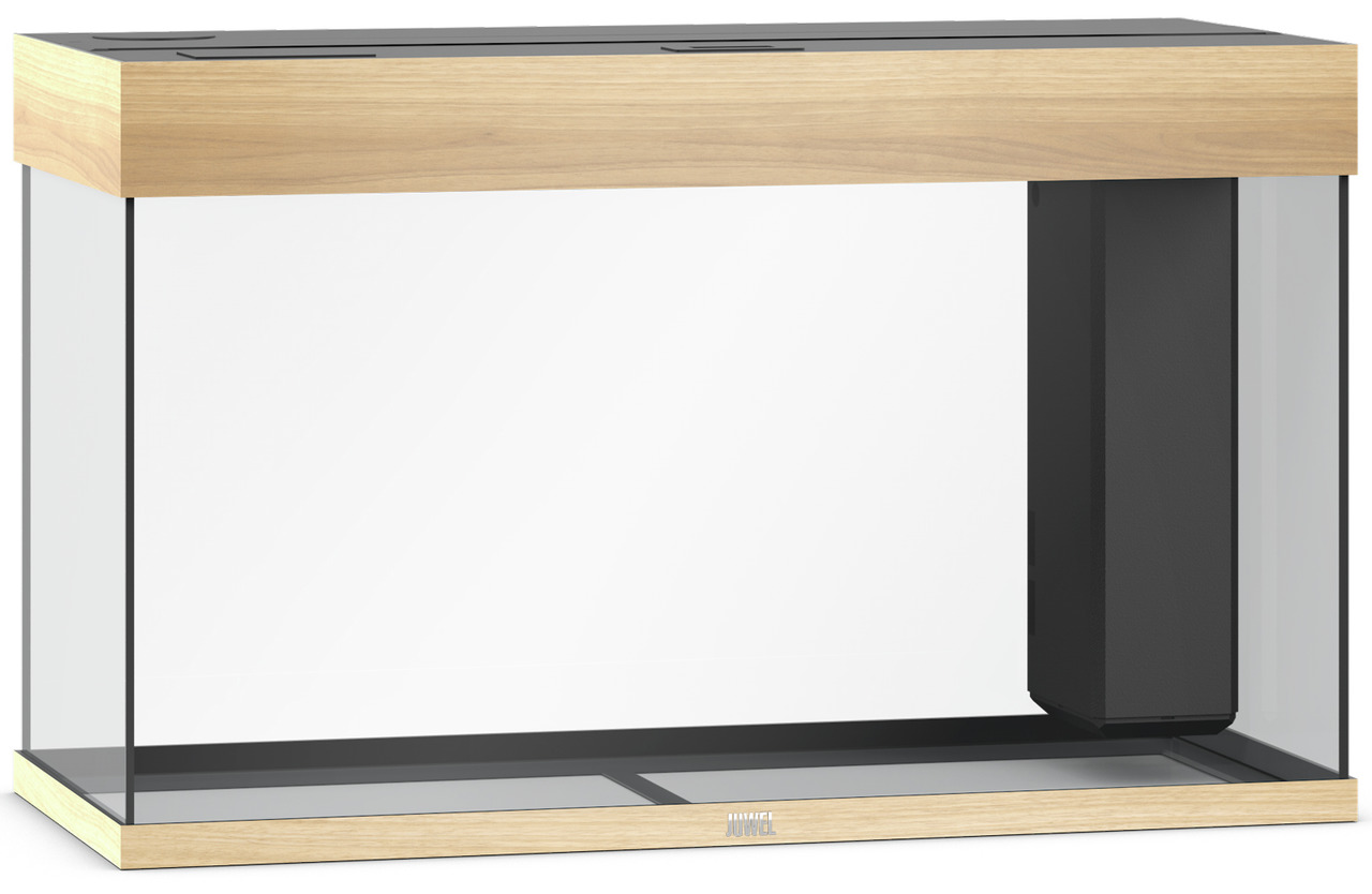 Das Bild zeigt ein hochwertiges Aquarium der Marke JUWEL, Modell Lido 120 LED, mit einer eleganten Holzoptik. Es richtet sich an Aquaristik-Enthusiasten und bietet ein Fassungsvermögen von 120 Litern. Das rechteckige Design kombiniert modernes Aussehen mi