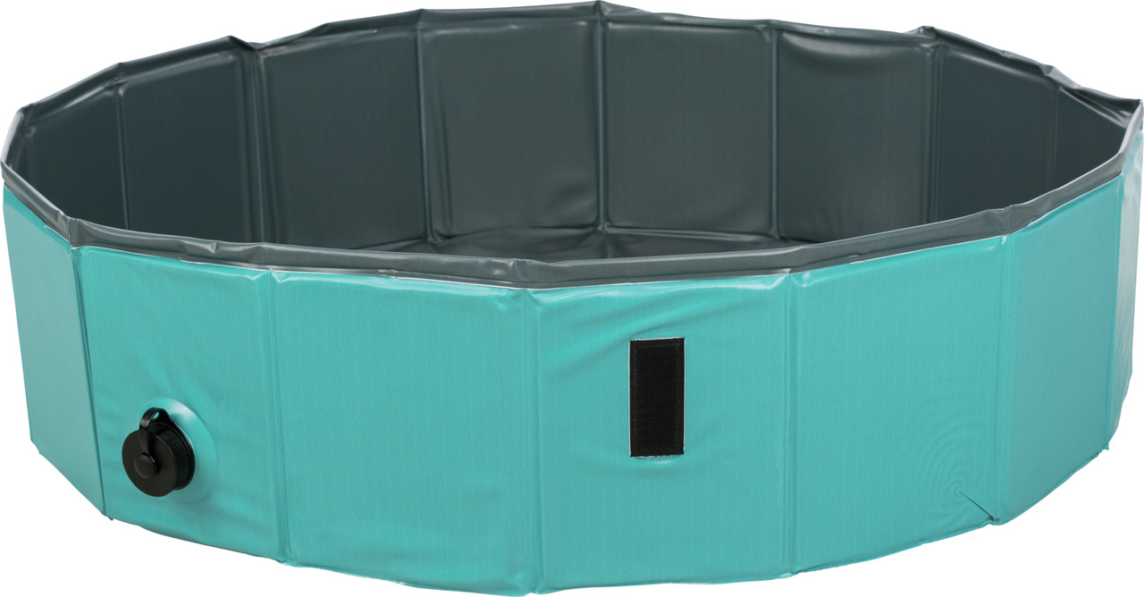 Ein faltbares, türkisfarbenes Hundepool von TRIXIE, geeignet für Hunde aller Größen. Das Pool besteht aus robustem, rutschfestem Material und verfügt über ein praktisches Ablassventil zum einfachen Entleeren. Perfekt für die Abkühlung an heißen Tagen. Maß