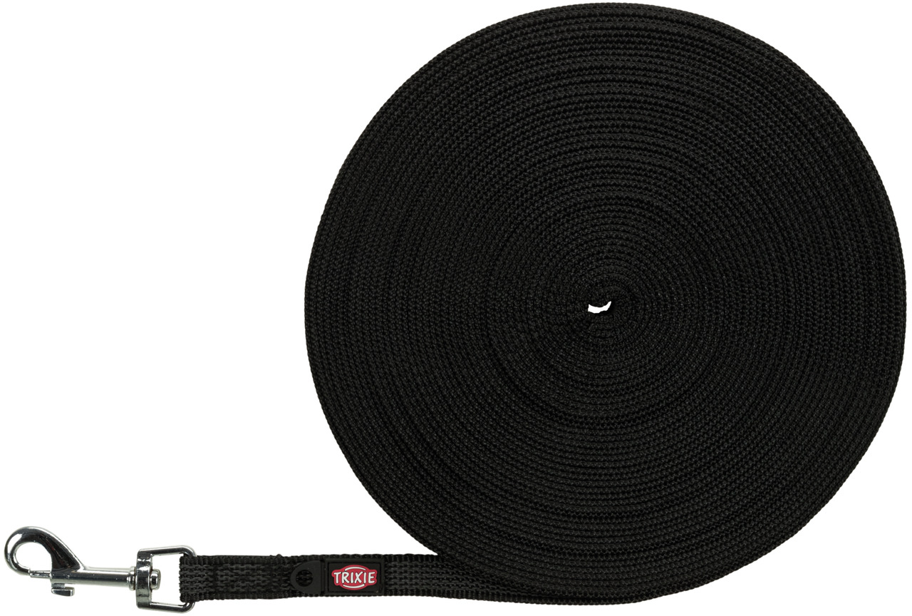 Schwarze Schleppleine der Marke TRIXIE, Modell "Schleppleine Gurtband", speziell für Hunde geeignet. Die Leine ist aus robustem Nylon gefertigt und verfügt über einen stabilen Metallkarabiner. Ideal für Training und Freilauf. Länge: 10 Meter. Perfekt für 