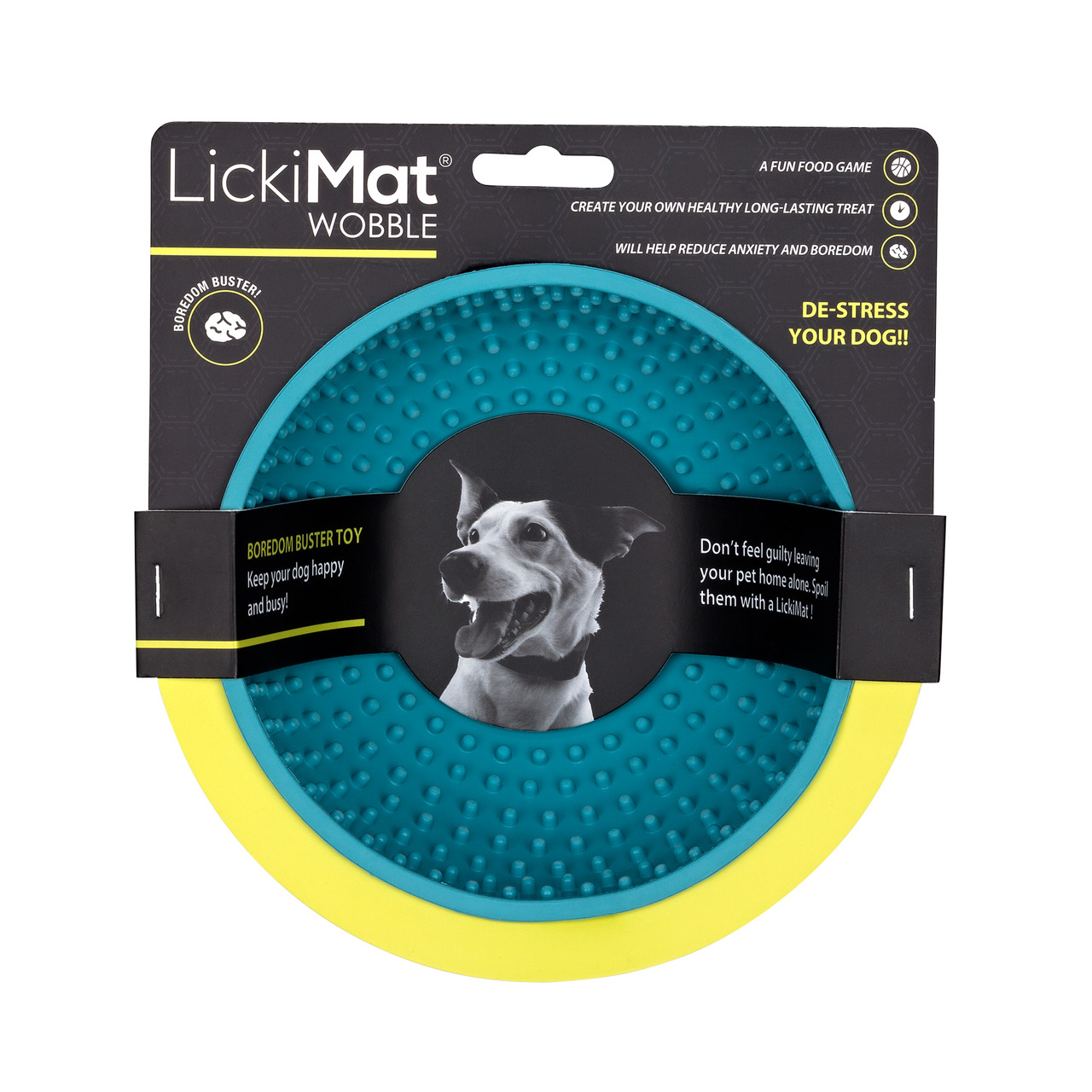 Das Bild zeigt das Produkt „LickiMat Wobble“ der Marke LickiMat, ein interaktives Spielzeug für Hunde. Es ist speziell für Hunde entwickelt, um Langeweile zu reduzieren und Stress abzubauen. Das Produkt hat eine strukturierte, rutschfeste Oberfläche in Bl