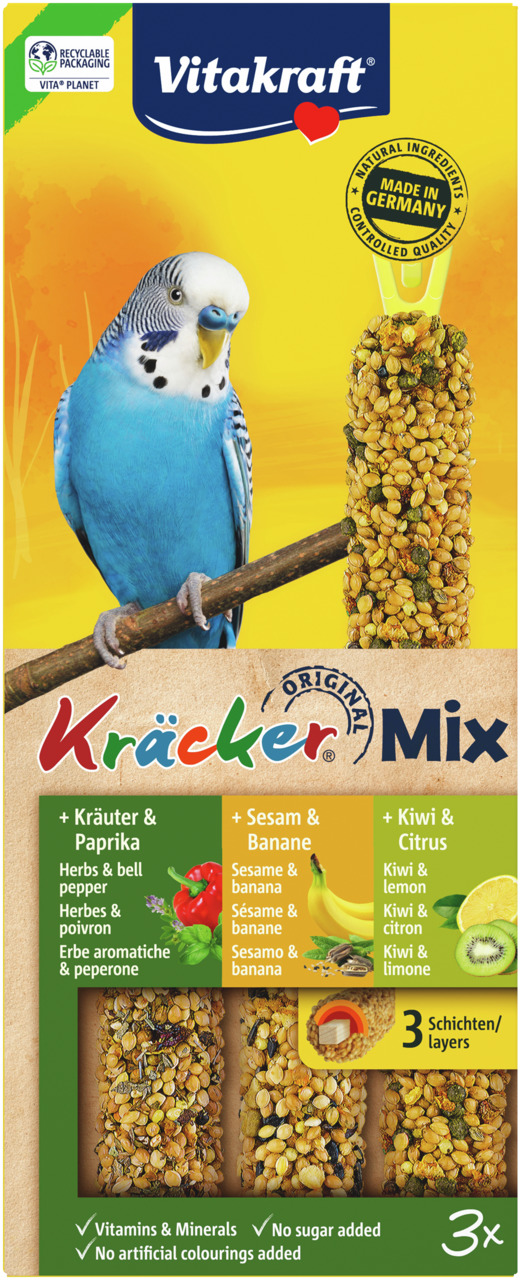 Vitakraft Kräcker Mix für Wellensittiche: Kräuter&Paprika, Sesam&Banane, Kiwi&Citrus. Natürl. Zutaten, 3 Stk., ohne Zuckerzusatz.