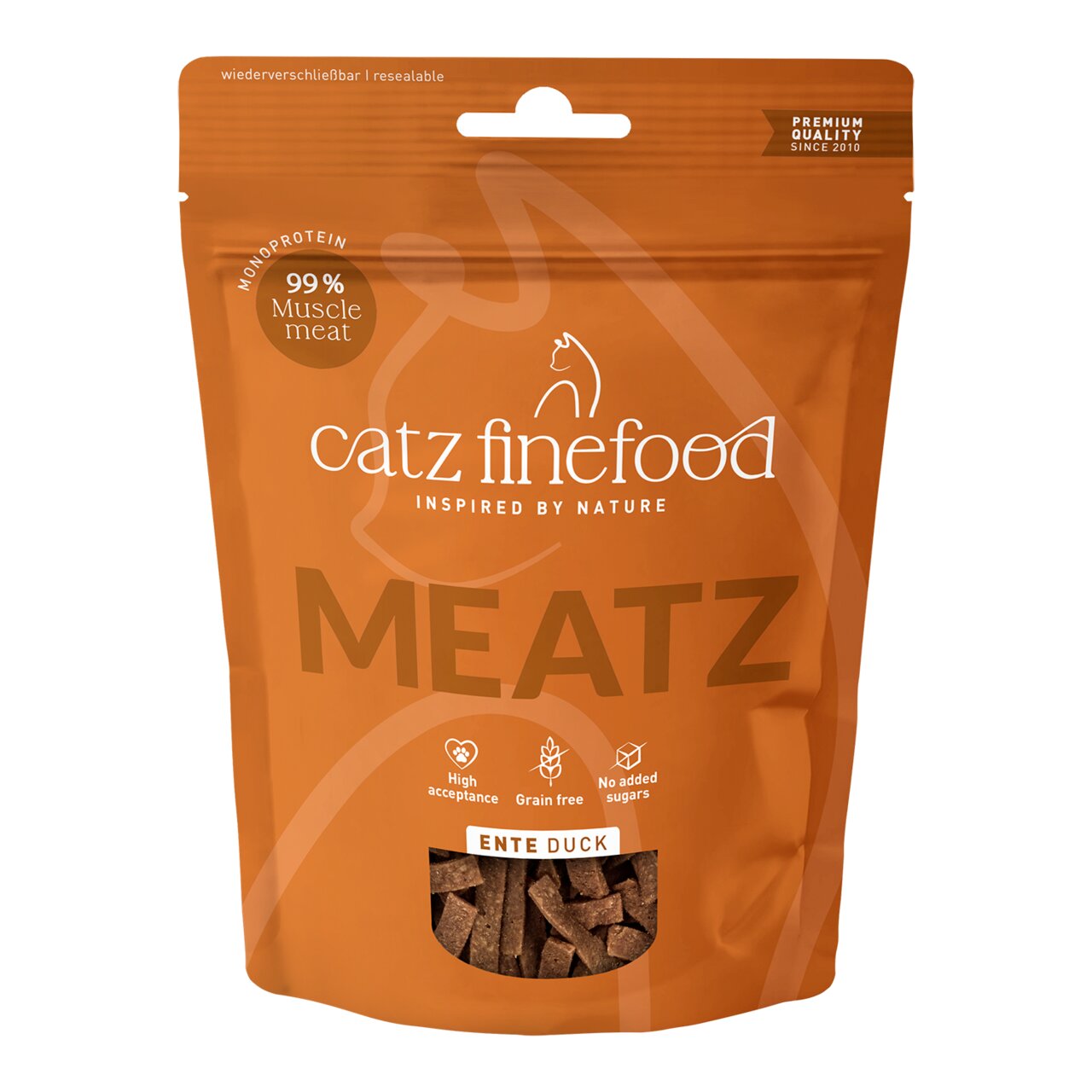 Wiederverschließbare Packung Catz finefood Meatz Ente, Katzensnack mit 99 % Muskelfleisch, getreidefrei, 45 g, hohe Akzeptanz.