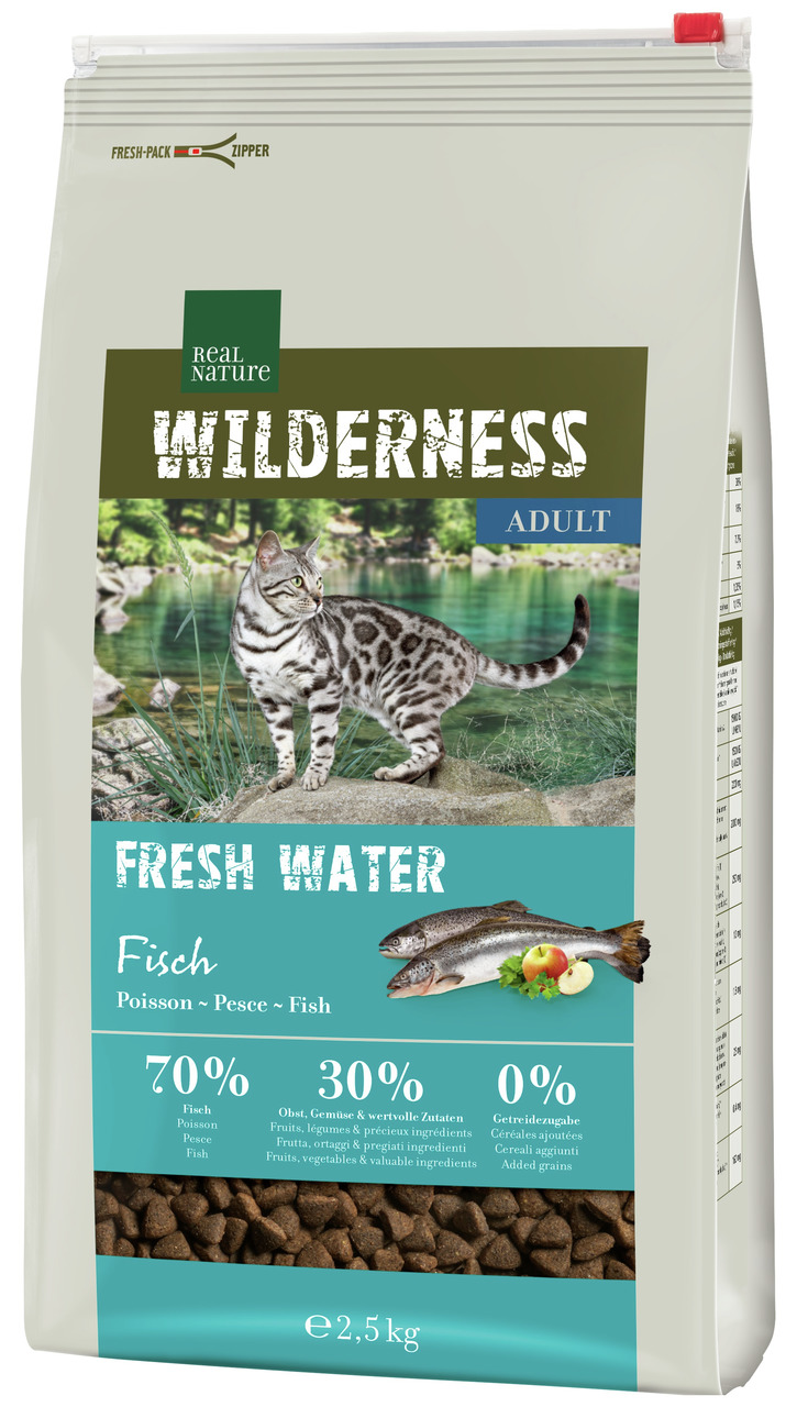 REAL NATURE WILDERNESS Fresh Water Adult, Fisch, für erwachsene Katzen, 2,5 kg, 70 % Fisch, 30 % Obst-Gemüse, 0 % Getreide, Zipper.