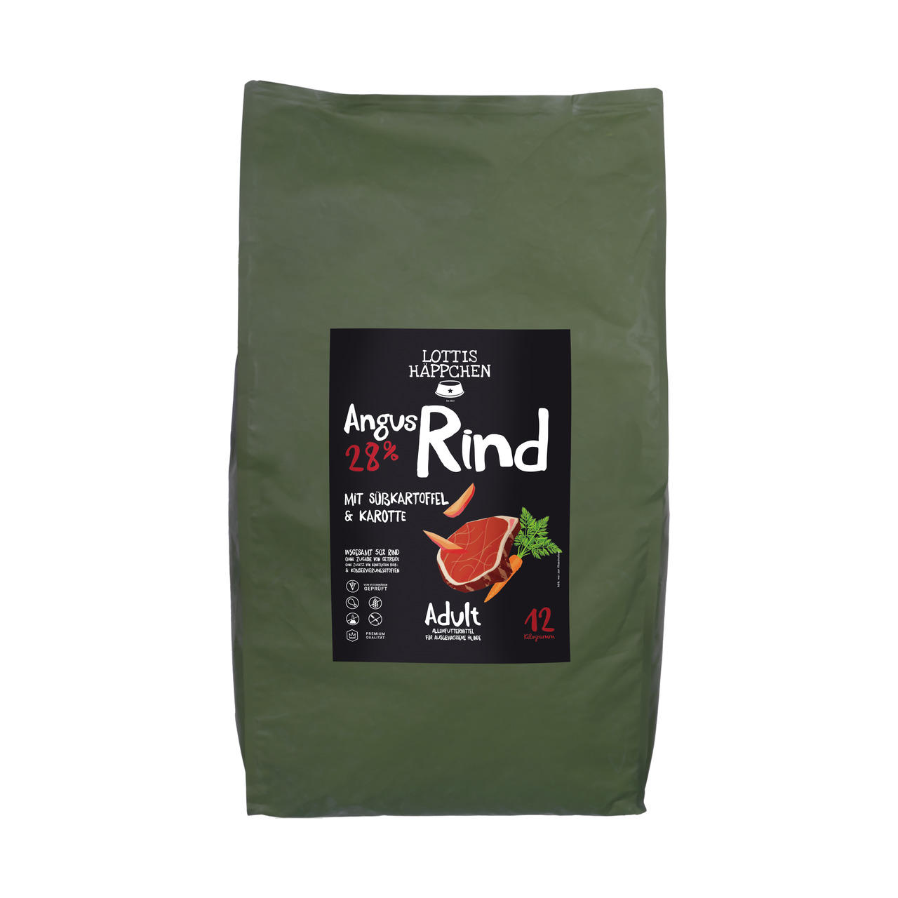 Lottis Häppchen Angus Rind 28% mit Süßkartoffel & Karotte, Alleinfutter für erw. Hunde, 12 kg.