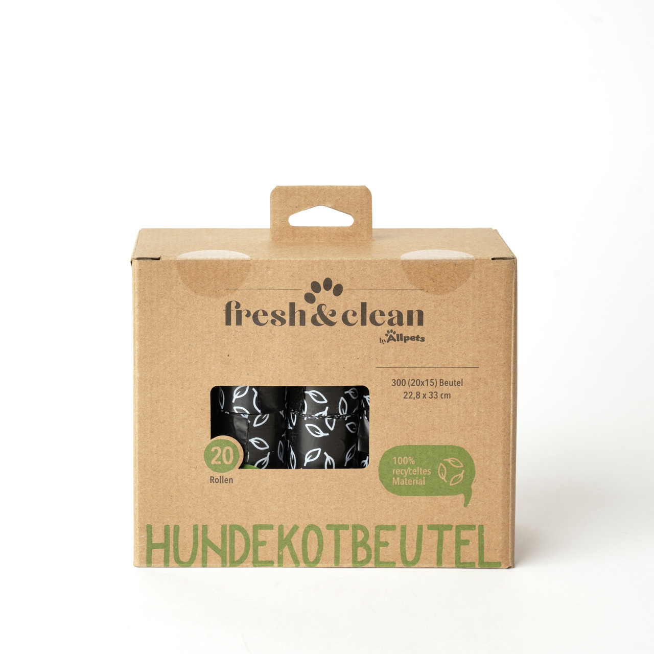 Allpets „fresh & clean“ Hundekotbeutel, 300 Stk. (20 Rollen à 15), 22,8x33 cm, 100 % recycelt, für Hundehalter.