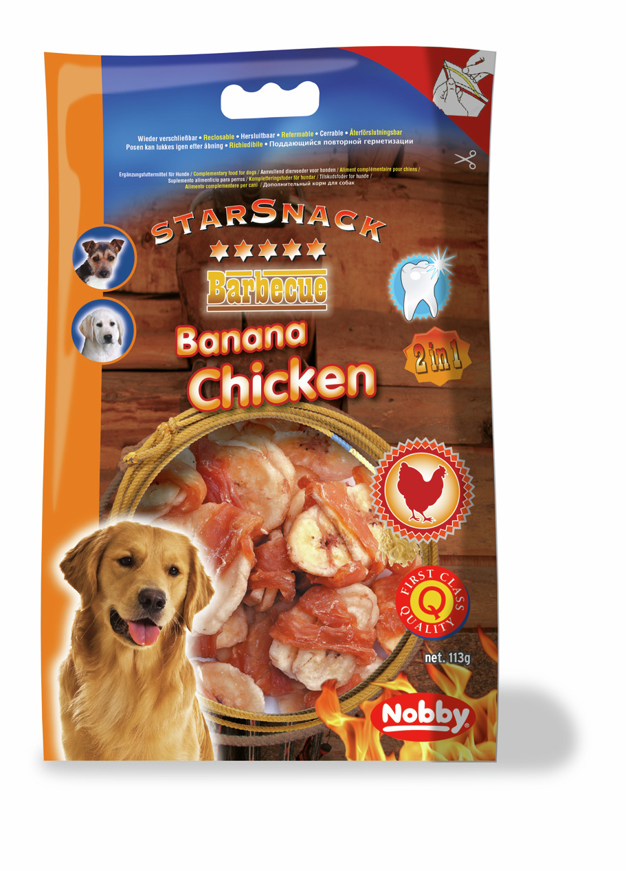 Nobby StarSnack Barbecue Banana Chicken, Ergänzungsfutter f. Hunde, Huhn & Banane, 2-in-1-Snack, Zahnpflege, 113 g, wiederverschließbar.