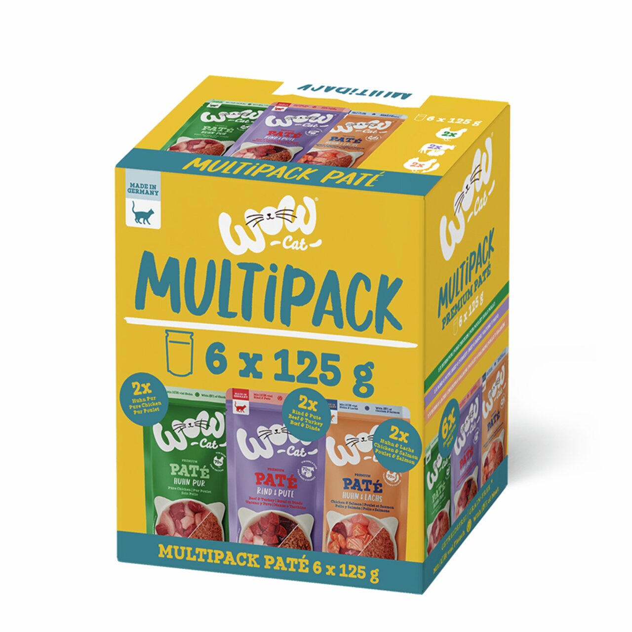 WOW CAT Multipack Pastete für Katzen, Geschmacksrichtungen Huhn, Rind, Lachs, 6 x 125 g. Made in Germany. Premium-Qualität.