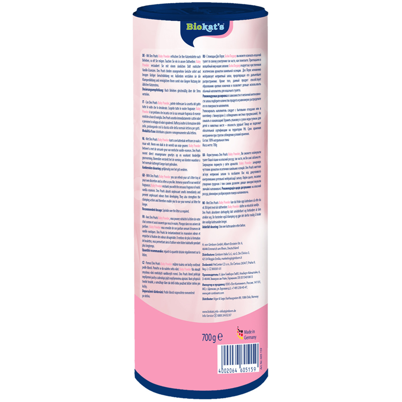 Das Bild zeigt eine zylindrische Verpackung von Biokat's Micro Fresh, einem Katzenstreu-Produkt für Haustiere. Die Verpackung ist in Rosa und Blau gestaltet und enthält detaillierte Produktinformationen in mehreren Sprachen. Das Produkt ist für Katzen gee