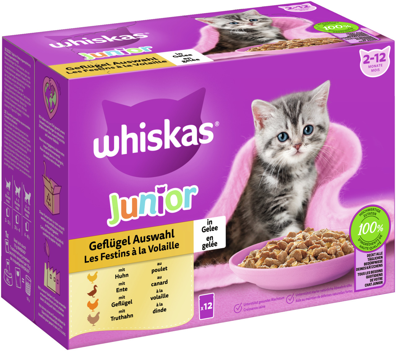 Whiskas Junior Geflügel Auswahl in Gelee, junge Katzen (2-12 Mon.), Huhn-Ente-Geflügel-Truthahn, 12x, fördert gesundes Wachstum.
