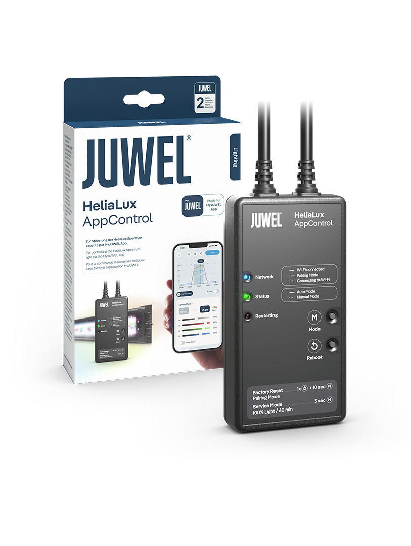 Das Bild zeigt das Produkt "JUWEL HeliaLux AppControl", ein Steuergerät für die HeliaLux Spectrum LED-Leuchten. Es richtet sich an Aquarienbesitzer und ermöglicht die Steuerung über die JUWEL App. Abgebildet sind das Gerät mit LED-Anzeigen und Tasten sowi